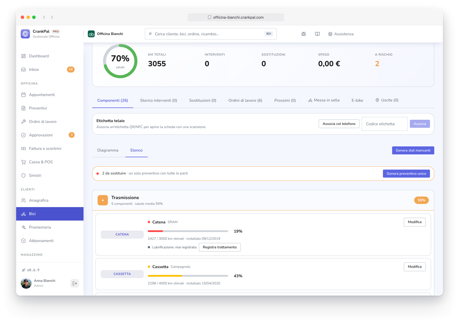 Scheda di una e-bike nel gestionale CrankPal: salute complessiva, chilometri totali, componenti censiti con la percentuale di usura di catena, cassetta e cambio, chilometri percorsi e data di installazione, e il pulsante per generare un preventivo unico con le parti da sostituire.