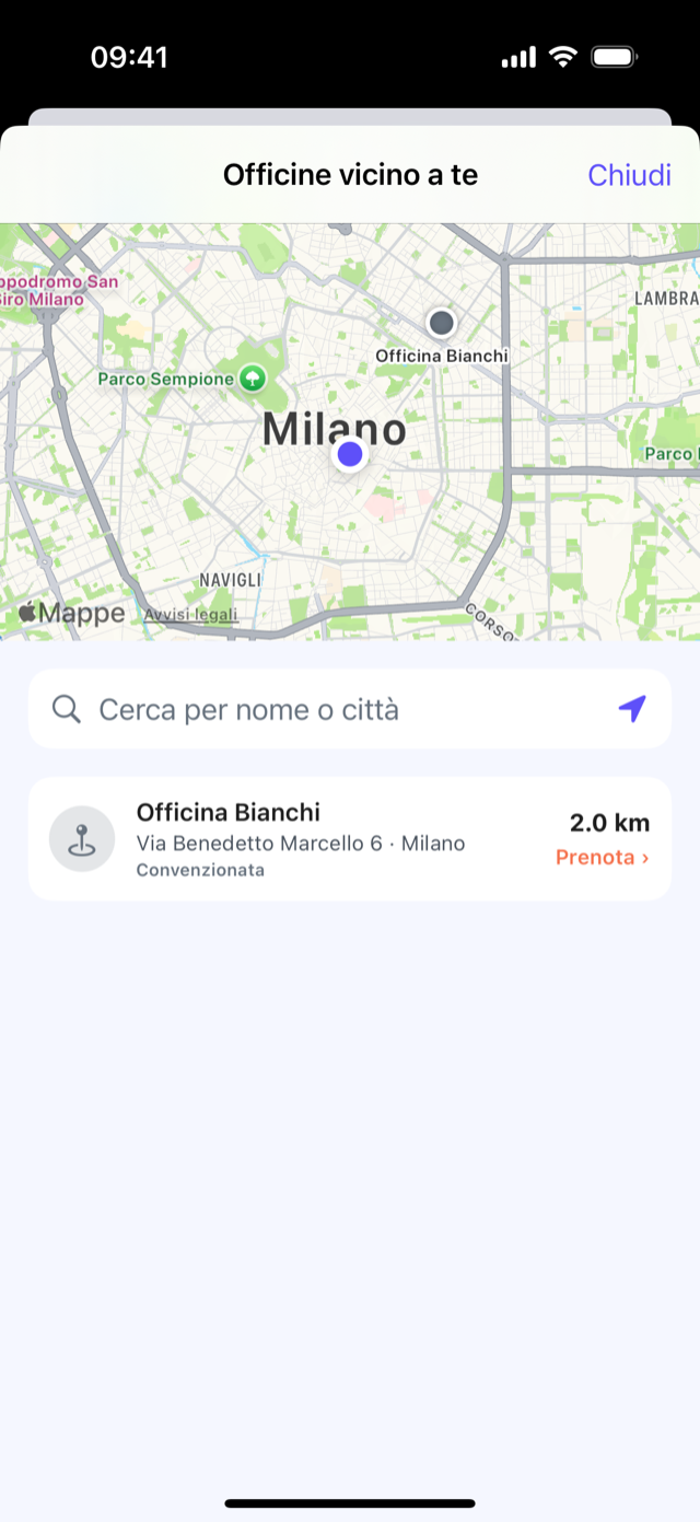 L'app CrankPal: la mappa delle officine vicine, con la scheda dell'officina, la distanza e il pulsante per prenotare