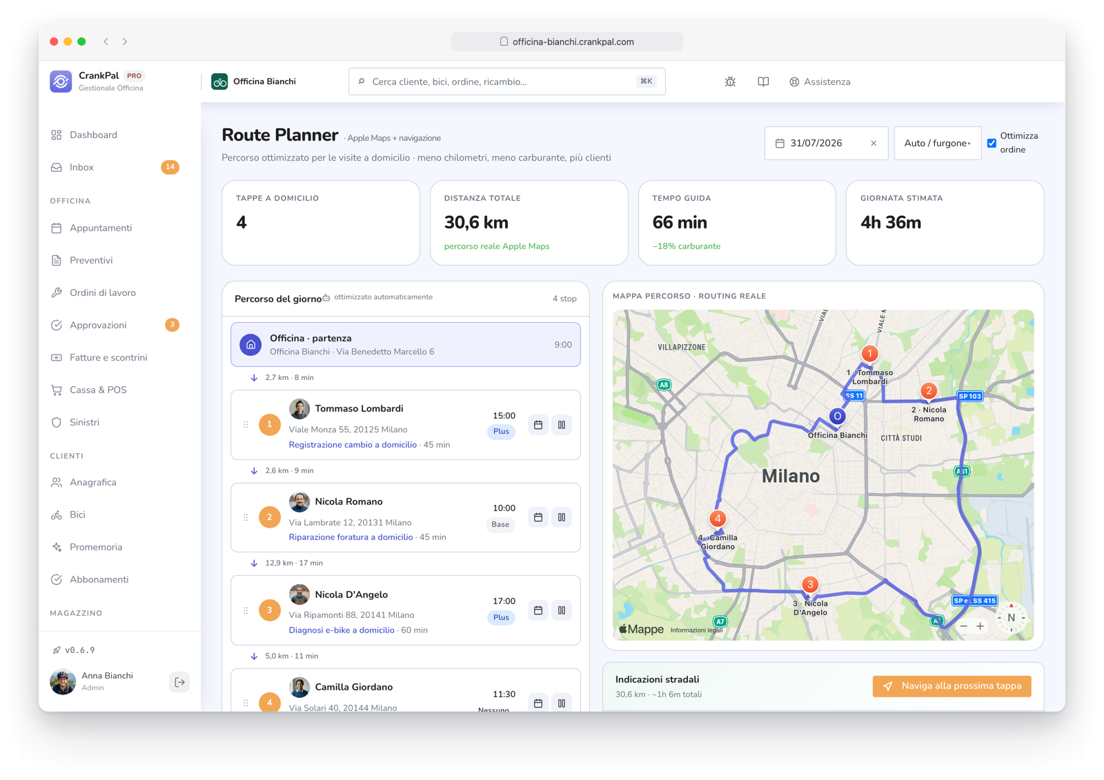 Route Planner di CrankPal: percorso a domicilio ottimizzato su mappa con tappe ordinate, distanza totale, tempo di guida e durata stimata della giornata.