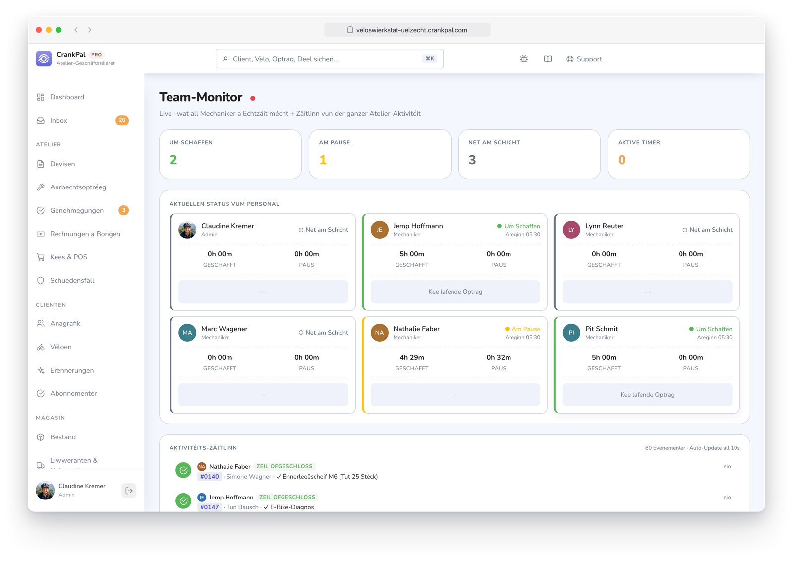 Monitor team di CrankPal in tempo reale: collaboratori al lavoro, in pausa o fuori turno, timer attivi sugli ordini e timeline live dell'attività dell'officina.