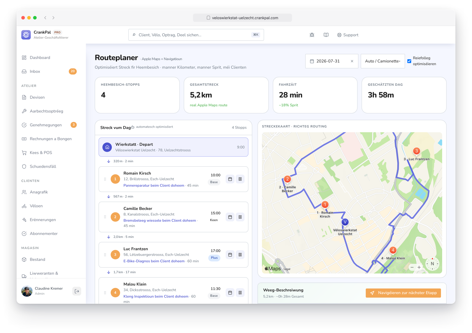Route Planner di CrankPal: percorso a domicilio ottimizzato su mappa con tappe ordinate, distanza totale, tempo di guida e durata stimata della giornata.