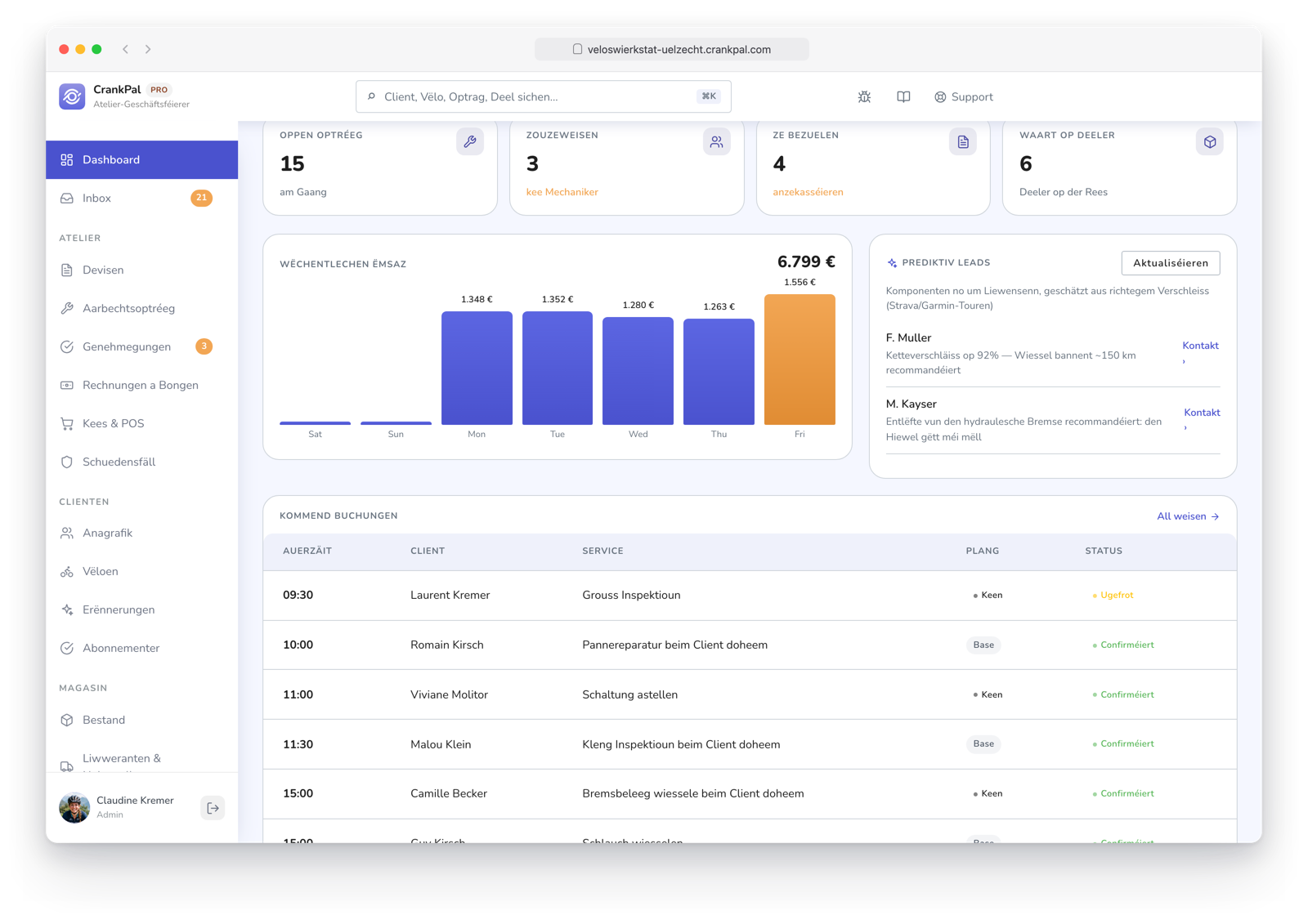 Gestionale CrankPal con i lead predittivi dell'AI sui componenti da controllare e i clienti pronti a un nuovo intervento.