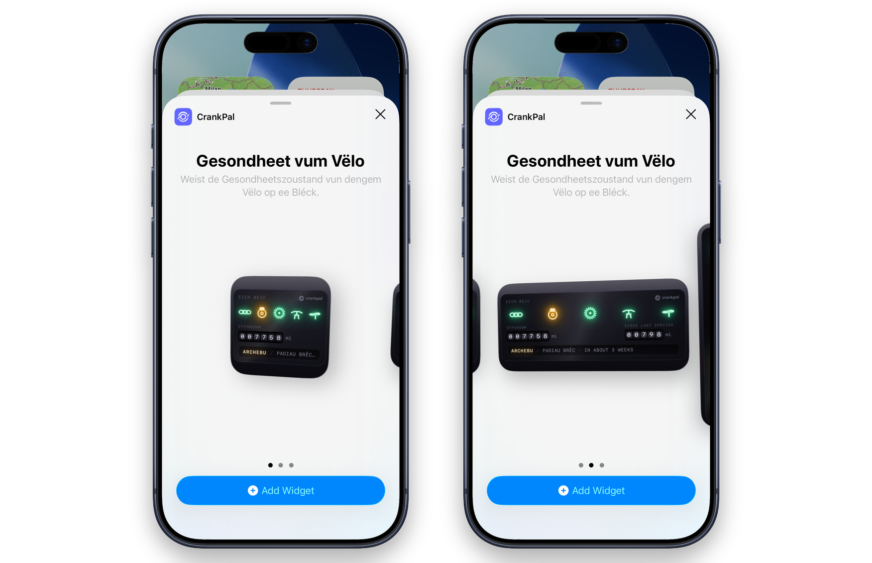 D'Galerie vun den iOS-Widgeten mam CrankPal-Widget a béide Gréissten, an der Sprooch vum Client: d'Luuchte vun de Komponenten, de Kilometerstand an d'Opfuerderung fir eng Kontroll ze reservéieren