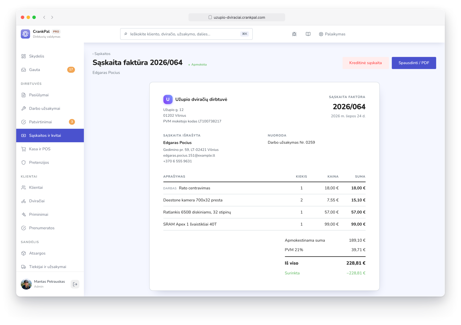 Fattura elettronica nel gestionale CrankPal con righe di manodopera e ricambi, totale, IVA, stato pagata, download XML della fattura elettronica, stampa PDF e nota di credito.