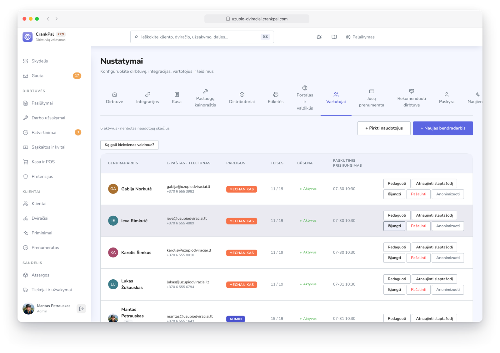 Impostazioni del gestionale CrankPal, scheda Utenti: elenco dei collaboratori con ruolo (admin, manager, meccanico), permessi per sezione, stato, ultimo accesso e azioni di modifica, reset password e disabilitazione.
