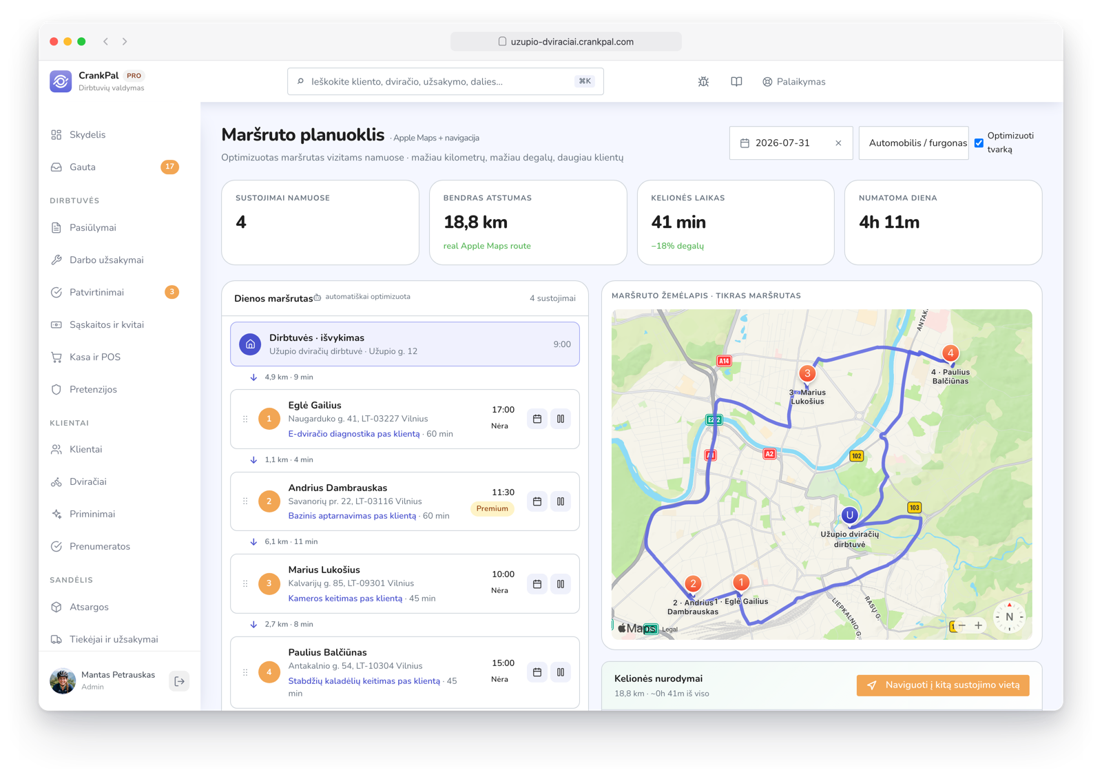 Route Planner di CrankPal: percorso a domicilio ottimizzato su mappa con tappe ordinate, distanza totale, tempo di guida e durata stimata della giornata.
