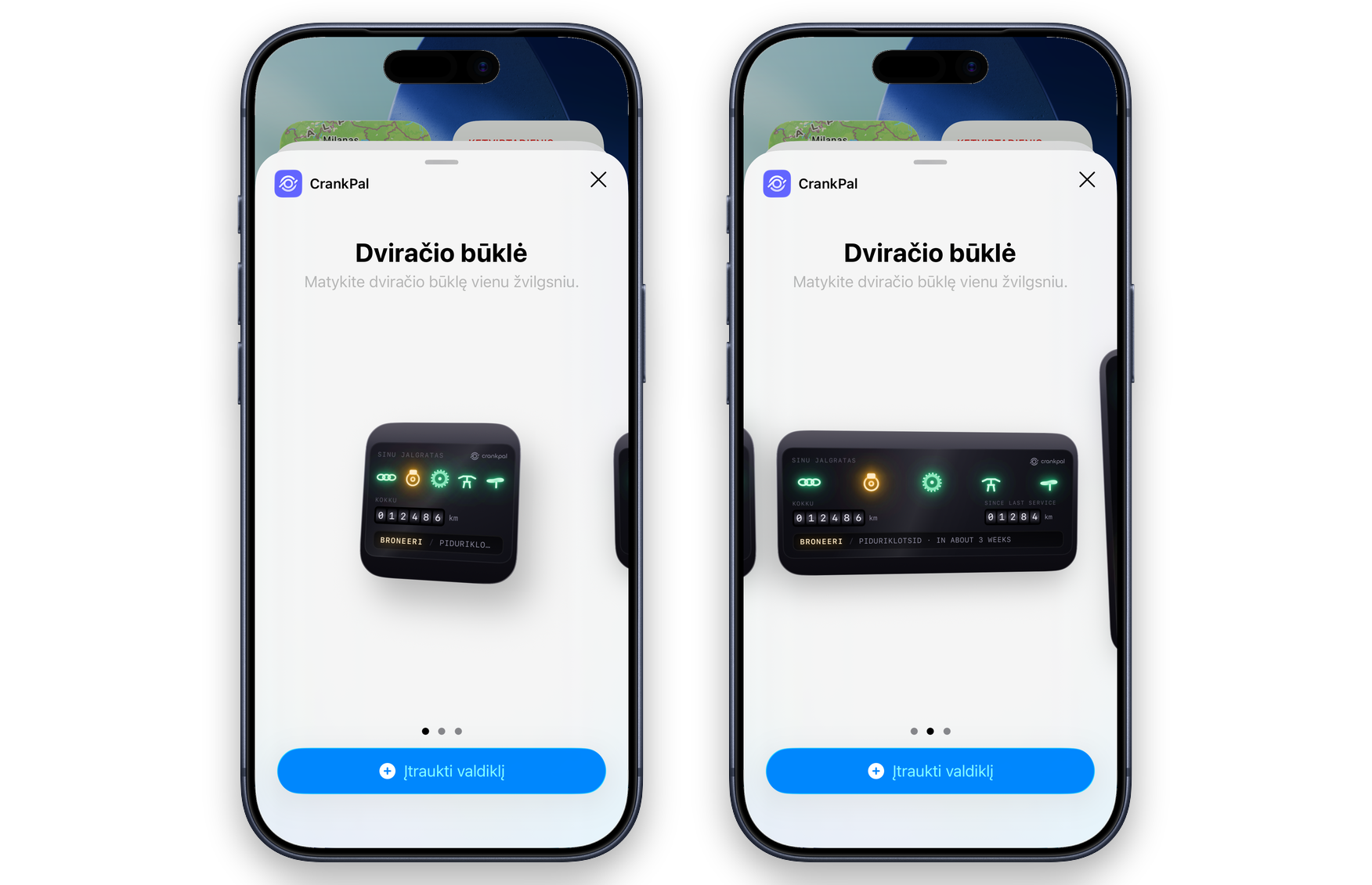 iOS valdiklių galerija su CrankPal valdikliu dviem dydžiais, kliento kalba: komponentų lemputės, rida ir raginimas rezervuoti patikrą