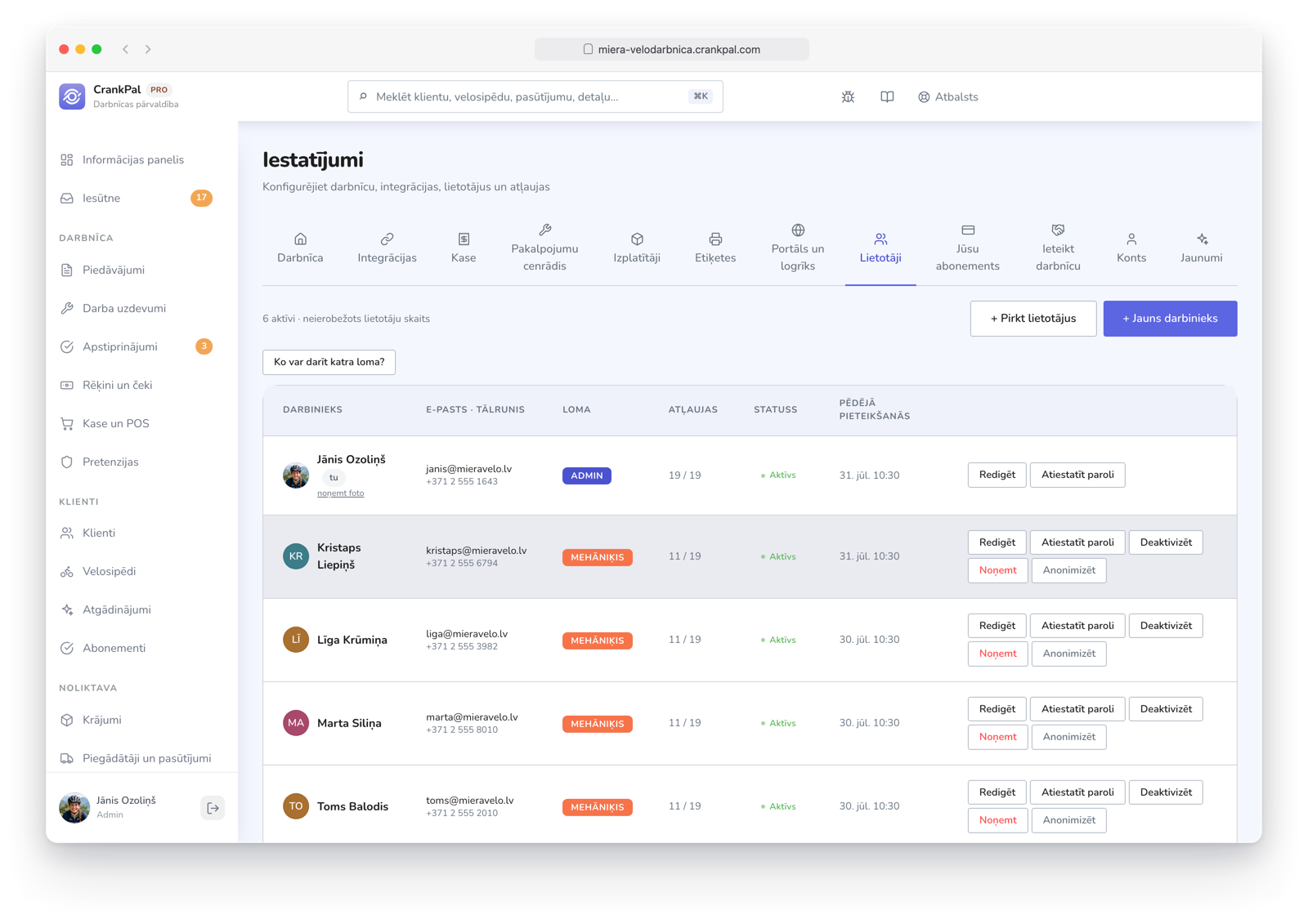 Impostazioni del gestionale CrankPal, scheda Utenti: elenco dei collaboratori con ruolo (admin, manager, meccanico), permessi per sezione, stato, ultimo accesso e azioni di modifica, reset password e disabilitazione.