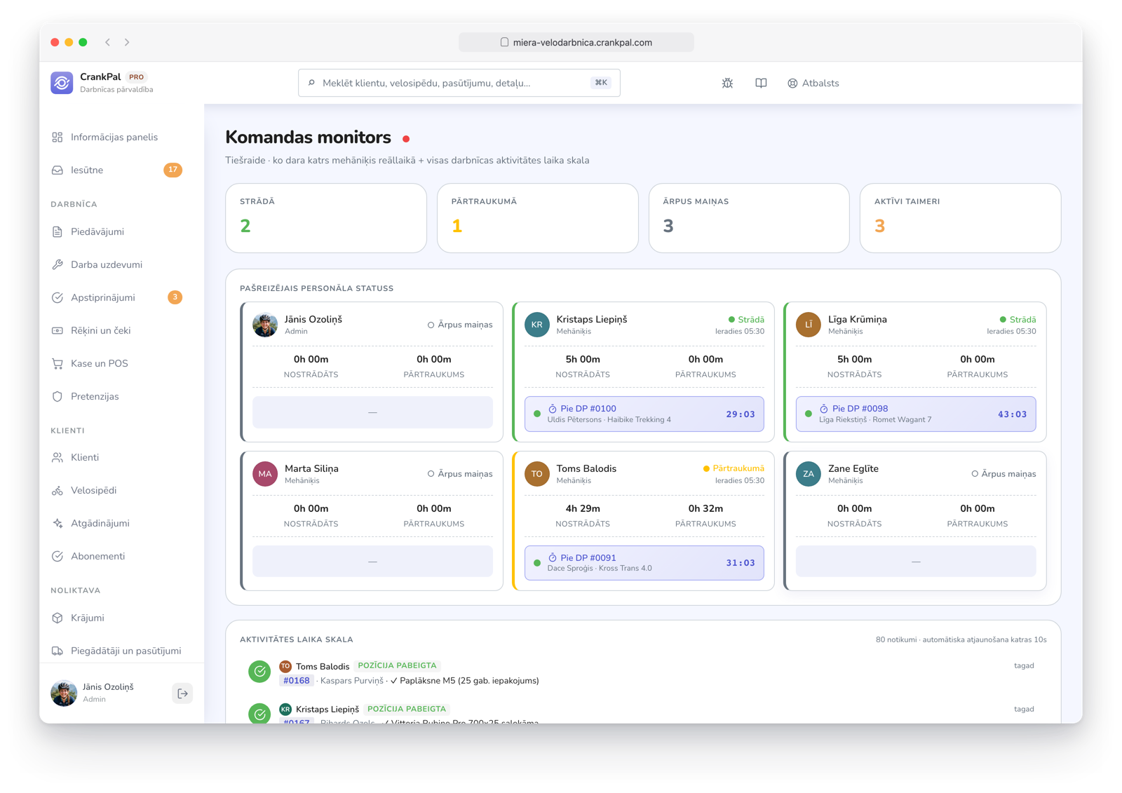 Monitor team di CrankPal in tempo reale: collaboratori al lavoro, in pausa o fuori turno, timer attivi sugli ordini e timeline live dell'attività dell'officina.