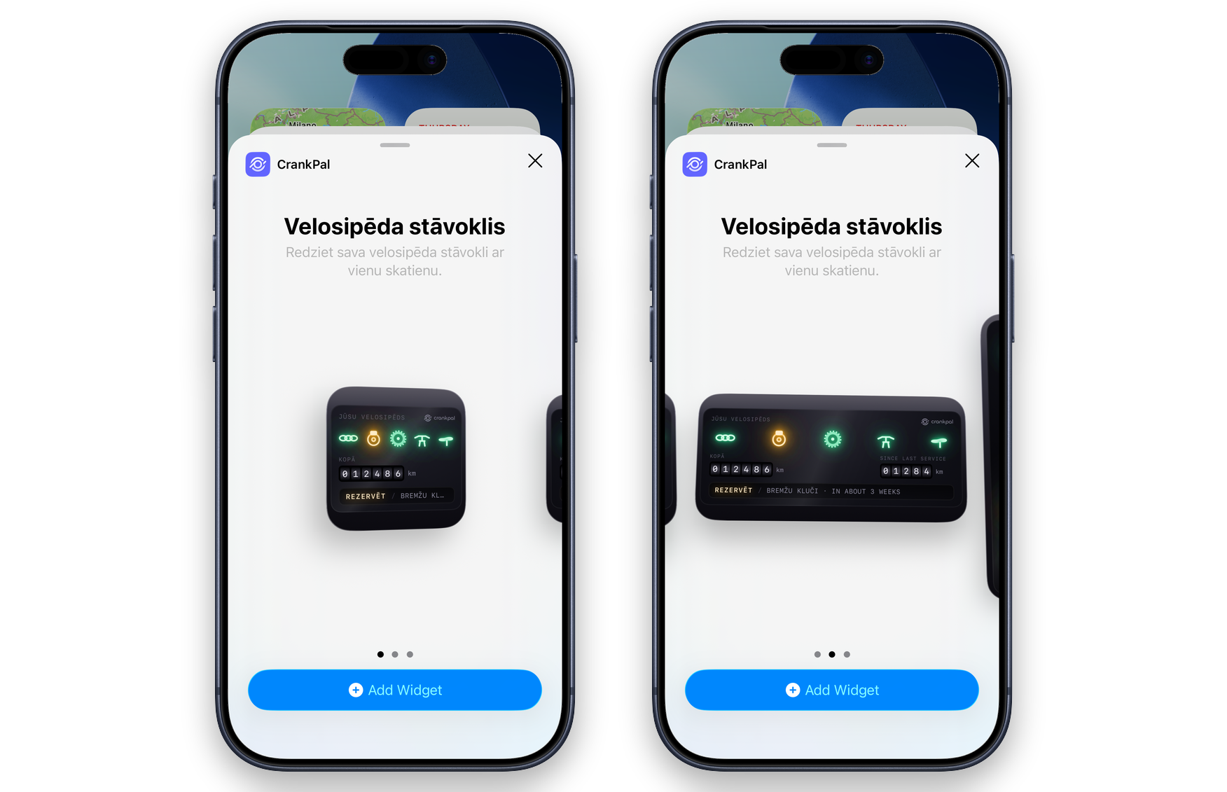 iOS logrīku galerija ar CrankPal logrīku divos izmēros klienta valodā: komponentu lampiņas, odometrs un aicinājums rezervēt pārbaudi