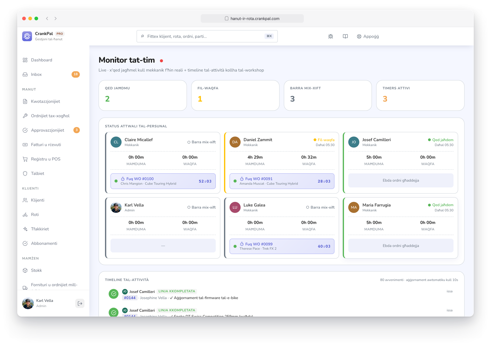 Monitor team di CrankPal in tempo reale: collaboratori al lavoro, in pausa o fuori turno, timer attivi sugli ordini e timeline live dell'attività dell'officina.