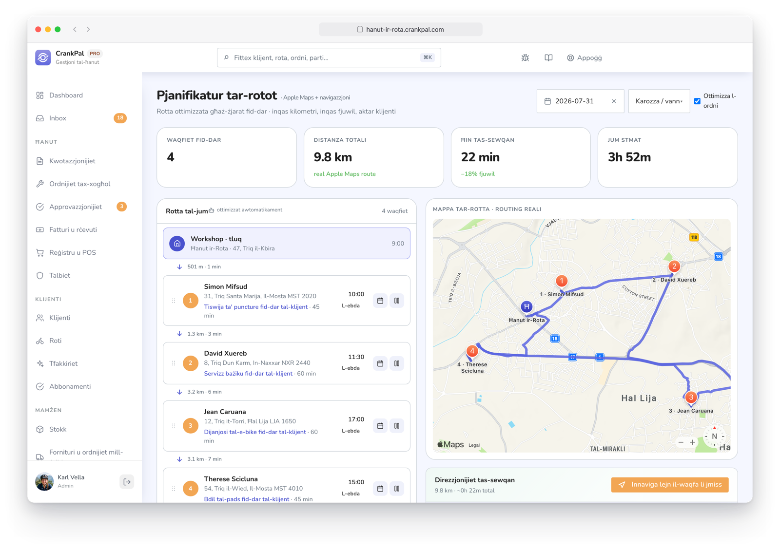 Route Planner di CrankPal: percorso a domicilio ottimizzato su mappa con tappe ordinate, distanza totale, tempo di guida e durata stimata della giornata.