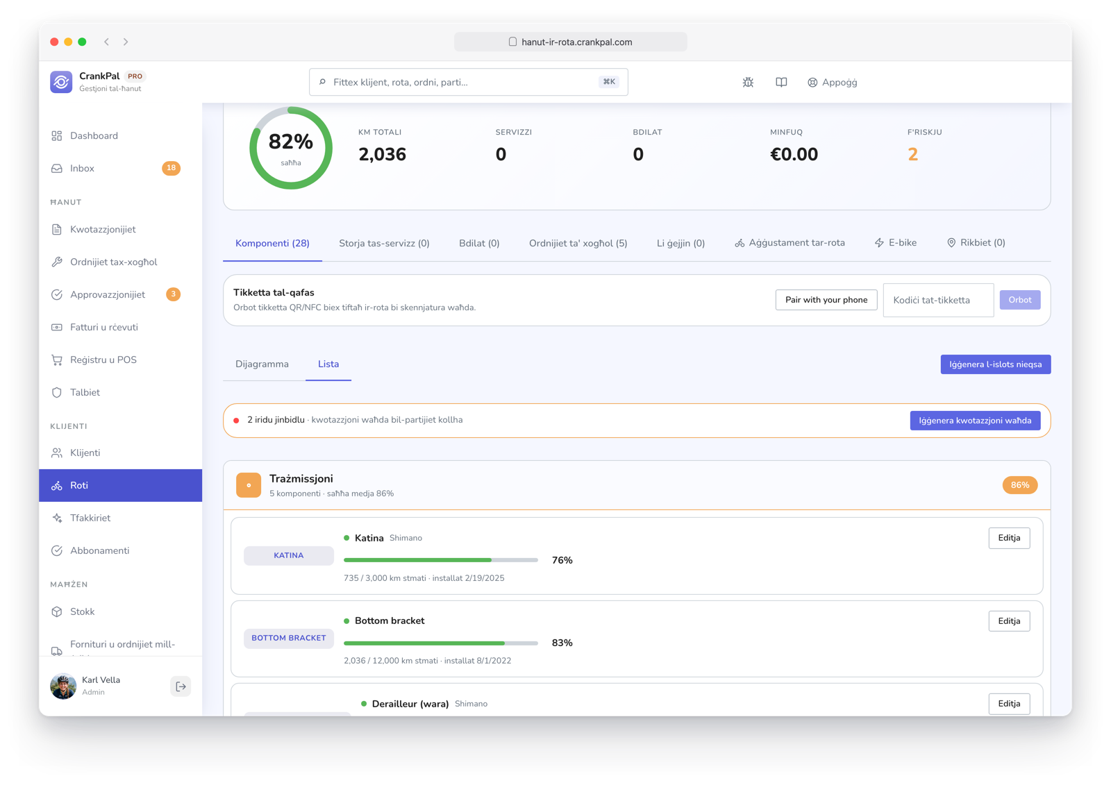 Scheda di una e-bike nel gestionale CrankPal: salute complessiva, chilometri totali, componenti censiti con la percentuale di usura di catena, cassetta e cambio, chilometri percorsi e data di installazione, e il pulsante per generare un preventivo unico con le parti da sostituire.