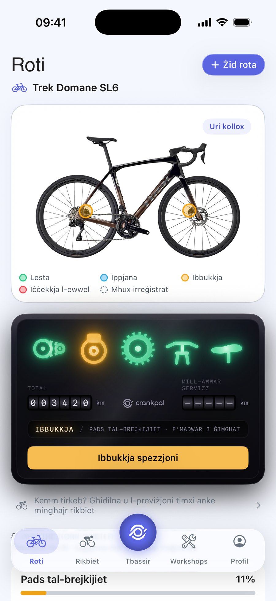 L-app CrankPal: is-saħħa tar-rota u t-tbassir tal-konsum tal-katina, bl-ibbukkjar tas-servizz