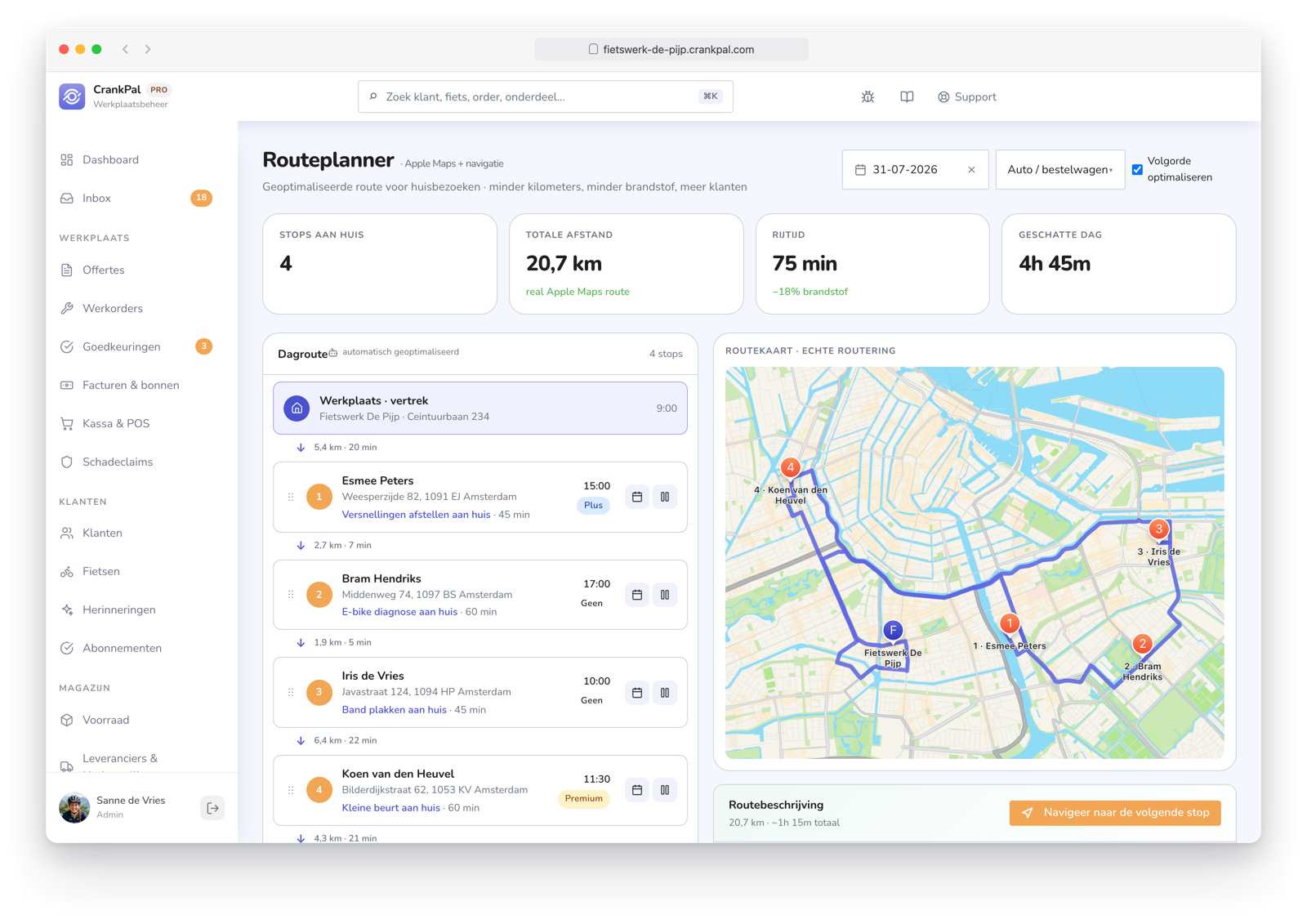 Route Planner di CrankPal: percorso a domicilio ottimizzato su mappa con tappe ordinate, distanza totale, tempo di guida e durata stimata della giornata.