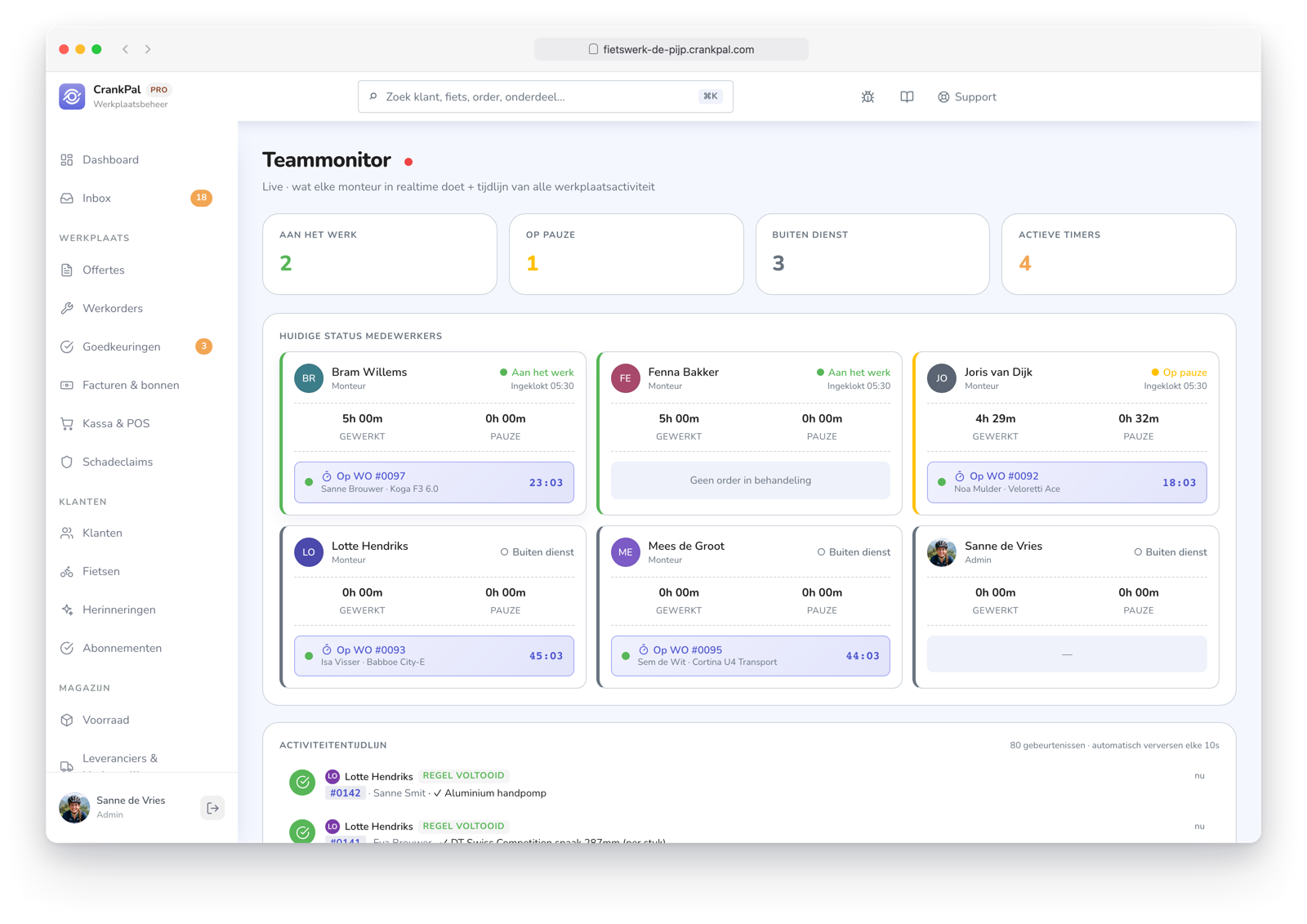 Monitor team di CrankPal in tempo reale: collaboratori al lavoro, in pausa o fuori turno, timer attivi sugli ordini e timeline live dell'attività dell'officina.