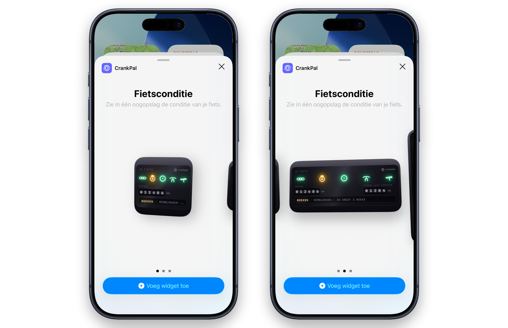 De iOS-widgetgalerij met de CrankPal-widget in twee formaten: de lampjes per componentgroep, de kilometerteller en de uitnodiging om een beurt te boeken