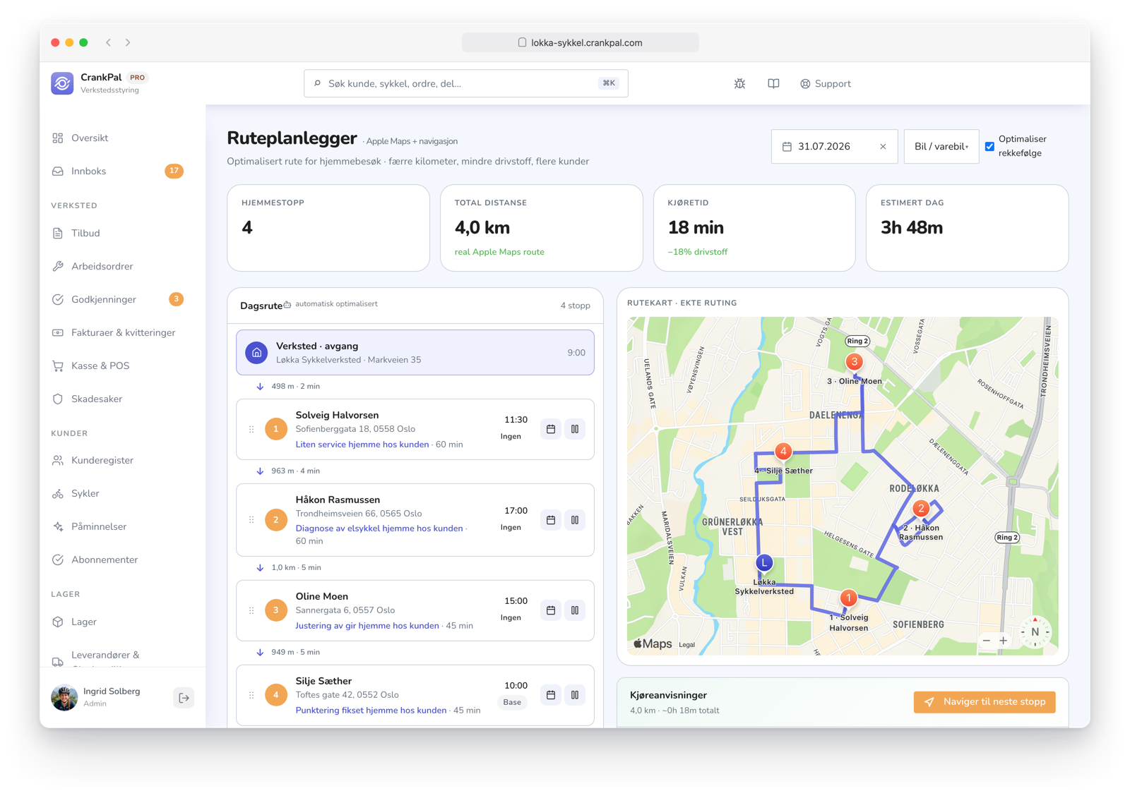 Route Planner di CrankPal: percorso a domicilio ottimizzato su mappa con tappe ordinate, distanza totale, tempo di guida e durata stimata della giornata.