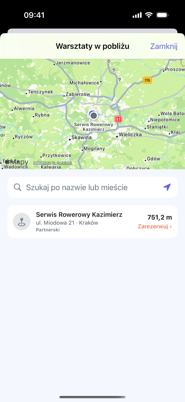 Aplikacja CrankPal: mapa serwisów w pobliżu, z kartą serwisu, odległością i przyciskiem rezerwacji