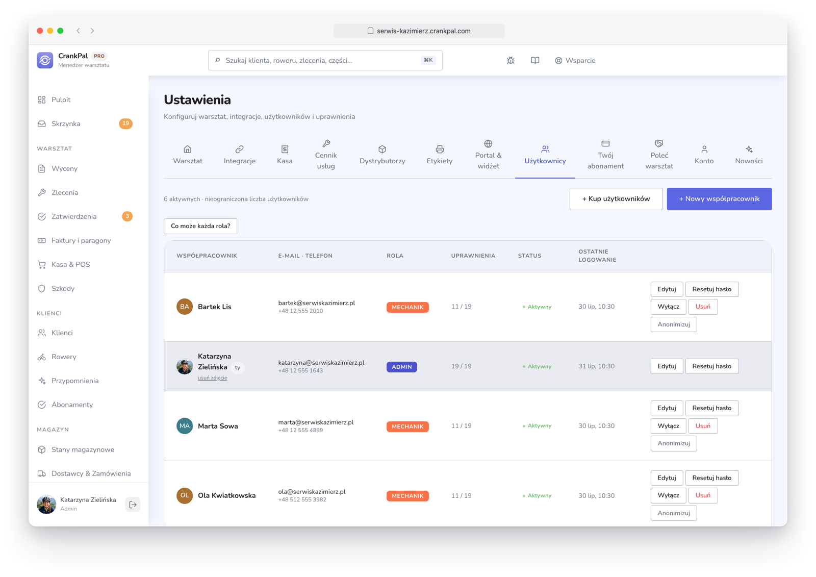 Impostazioni del gestionale CrankPal, scheda Utenti: elenco dei collaboratori con ruolo (admin, manager, meccanico), permessi per sezione, stato, ultimo accesso e azioni di modifica, reset password e disabilitazione.