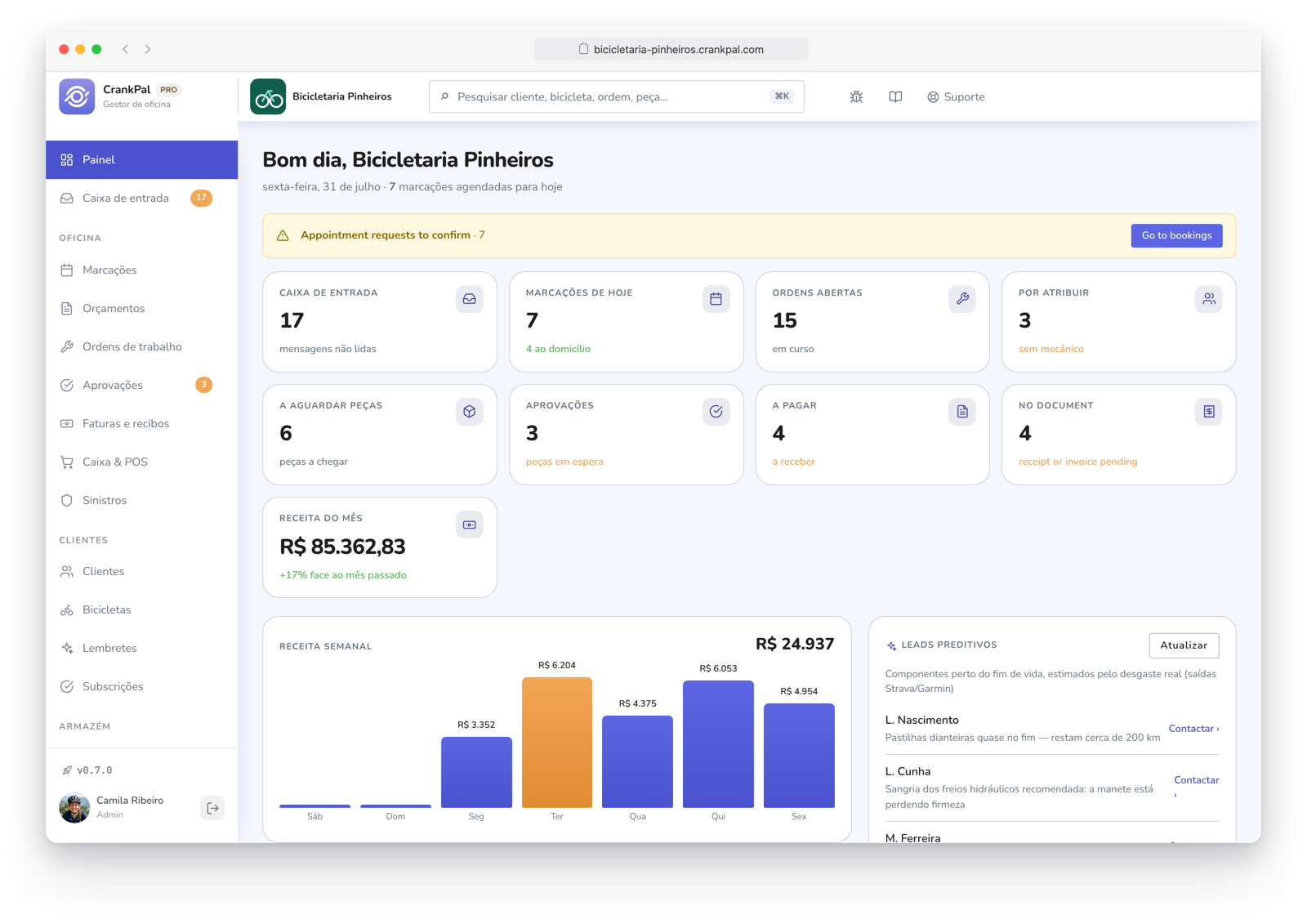 Dashboard del gestionale CrankPal: appuntamenti del giorno, ricavi del mese, ordini aperti, incassi da fare, grafico ricavi settimanali e lead predittivi dell'AI.