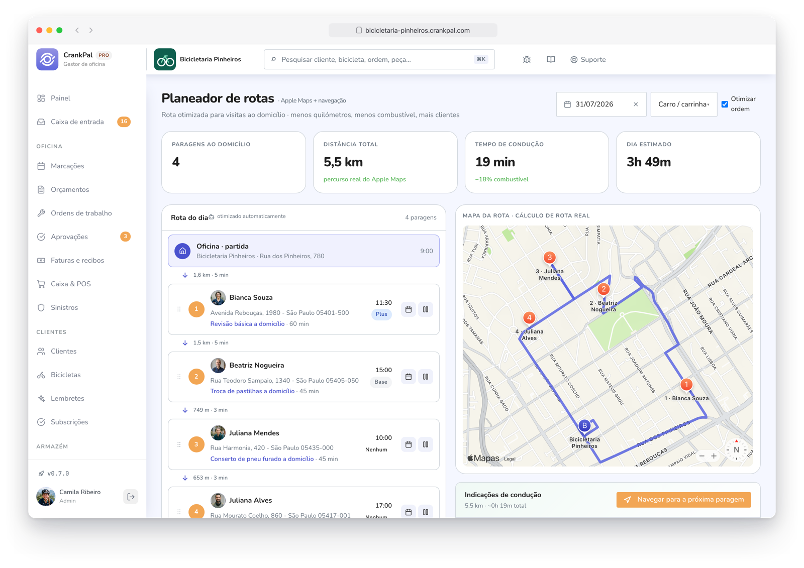 Route Planner di CrankPal: percorso a domicilio ottimizzato su mappa con tappe ordinate, distanza totale, tempo di guida e durata stimata della giornata.