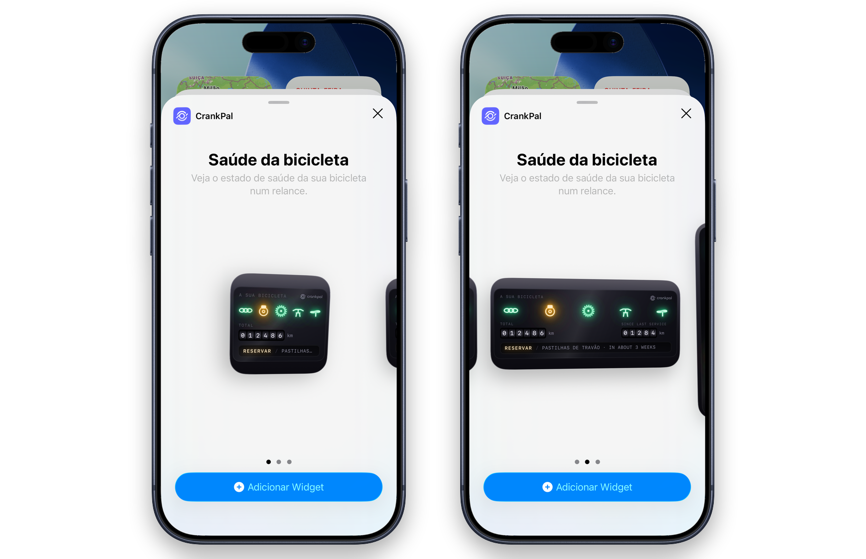 A galeria de widgets do iOS com o widget CrankPal em dois tamanhos: as luzes dos grupos de componentes, o hodômetro e o convite para marcar uma revisão