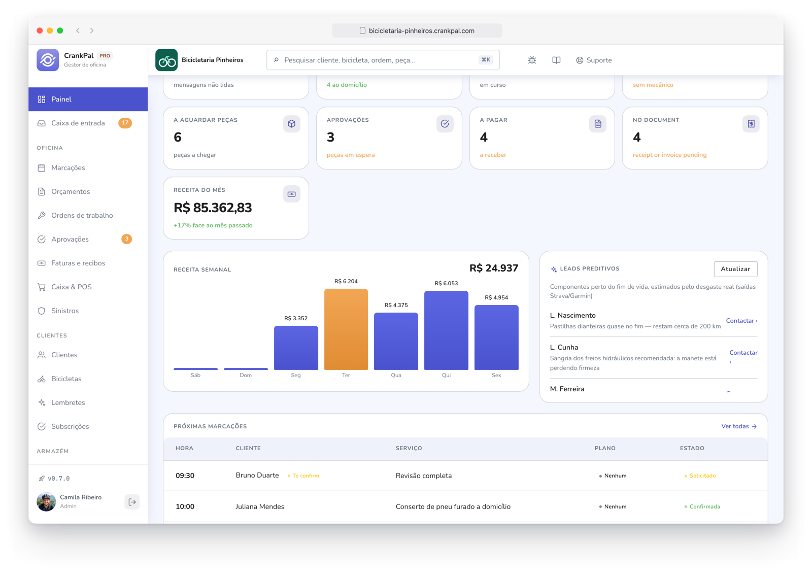 Gestionale CrankPal con i lead predittivi dell'AI sui componenti da controllare e i clienti pronti a un nuovo intervento.