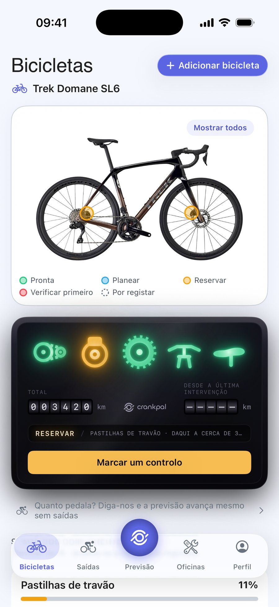 App CrankPal: o estado da bicicleta e a previsão de desgaste da corrente, com a marcação do serviço