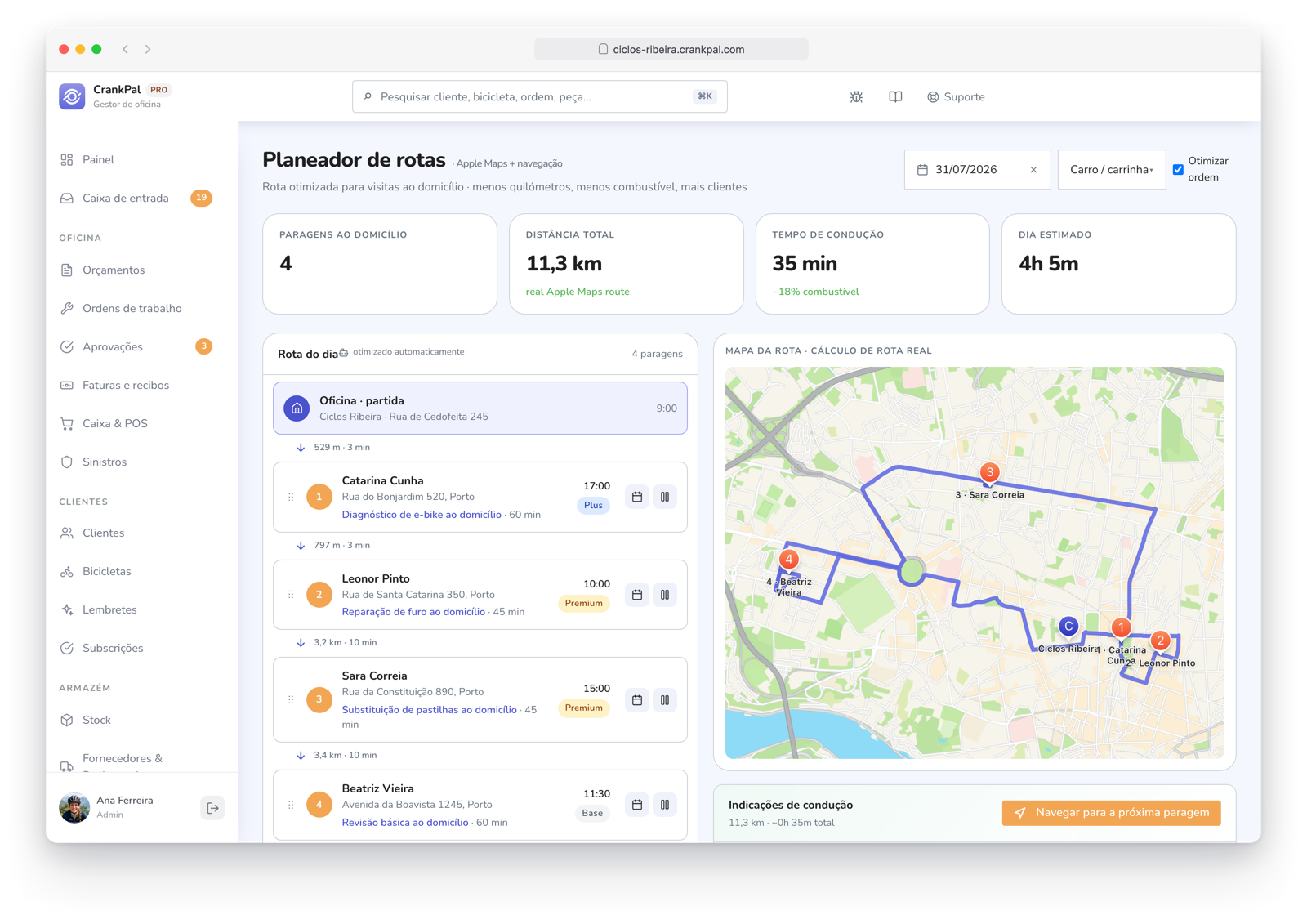 Route Planner di CrankPal: percorso a domicilio ottimizzato su mappa con tappe ordinate, distanza totale, tempo di guida e durata stimata della giornata.