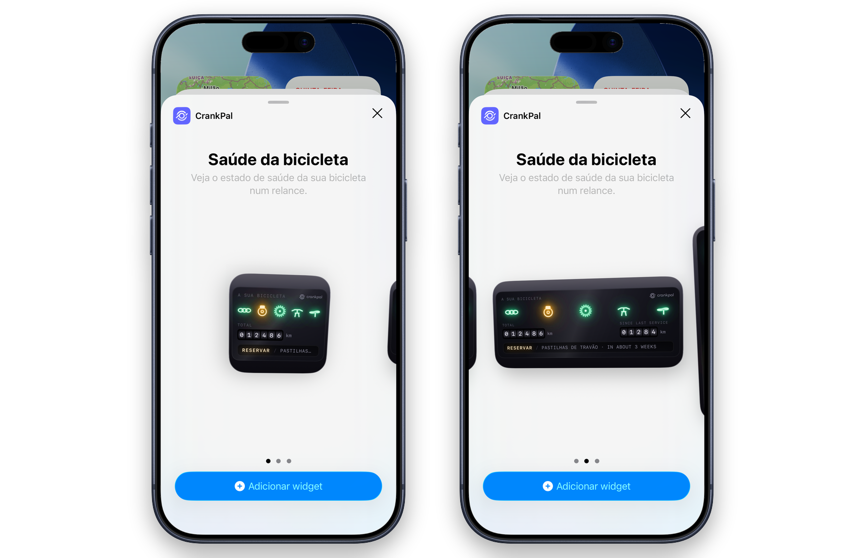 A galeria de widgets do iOS com o widget CrankPal em dois tamanhos: as luzes dos grupos de componentes, o contador de quilómetros e o convite para marcar uma revisão