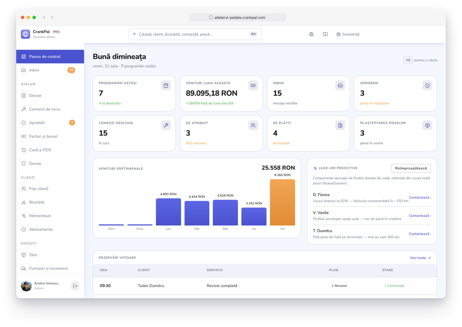 Dashboard del gestionale CrankPal: appuntamenti del giorno, ricavi del mese, ordini aperti, incassi da fare, grafico ricavi settimanali e lead predittivi dell'AI.