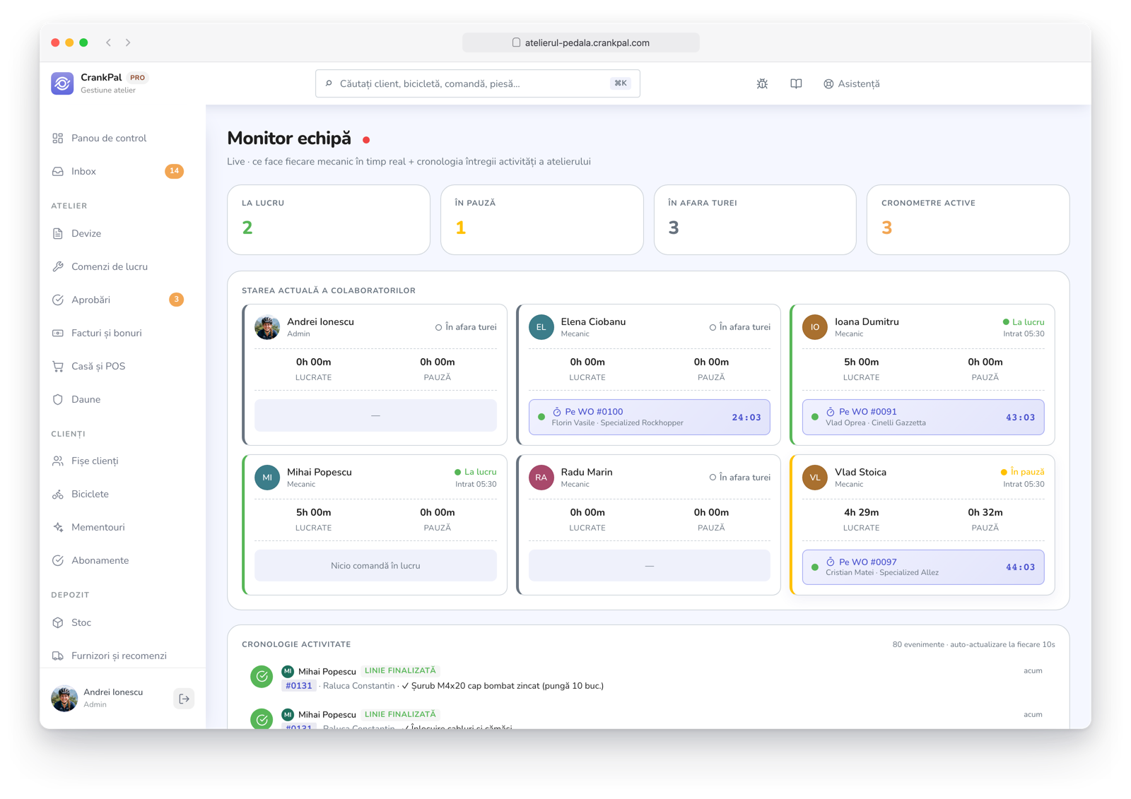 Monitor team di CrankPal in tempo reale: collaboratori al lavoro, in pausa o fuori turno, timer attivi sugli ordini e timeline live dell'attività dell'officina.