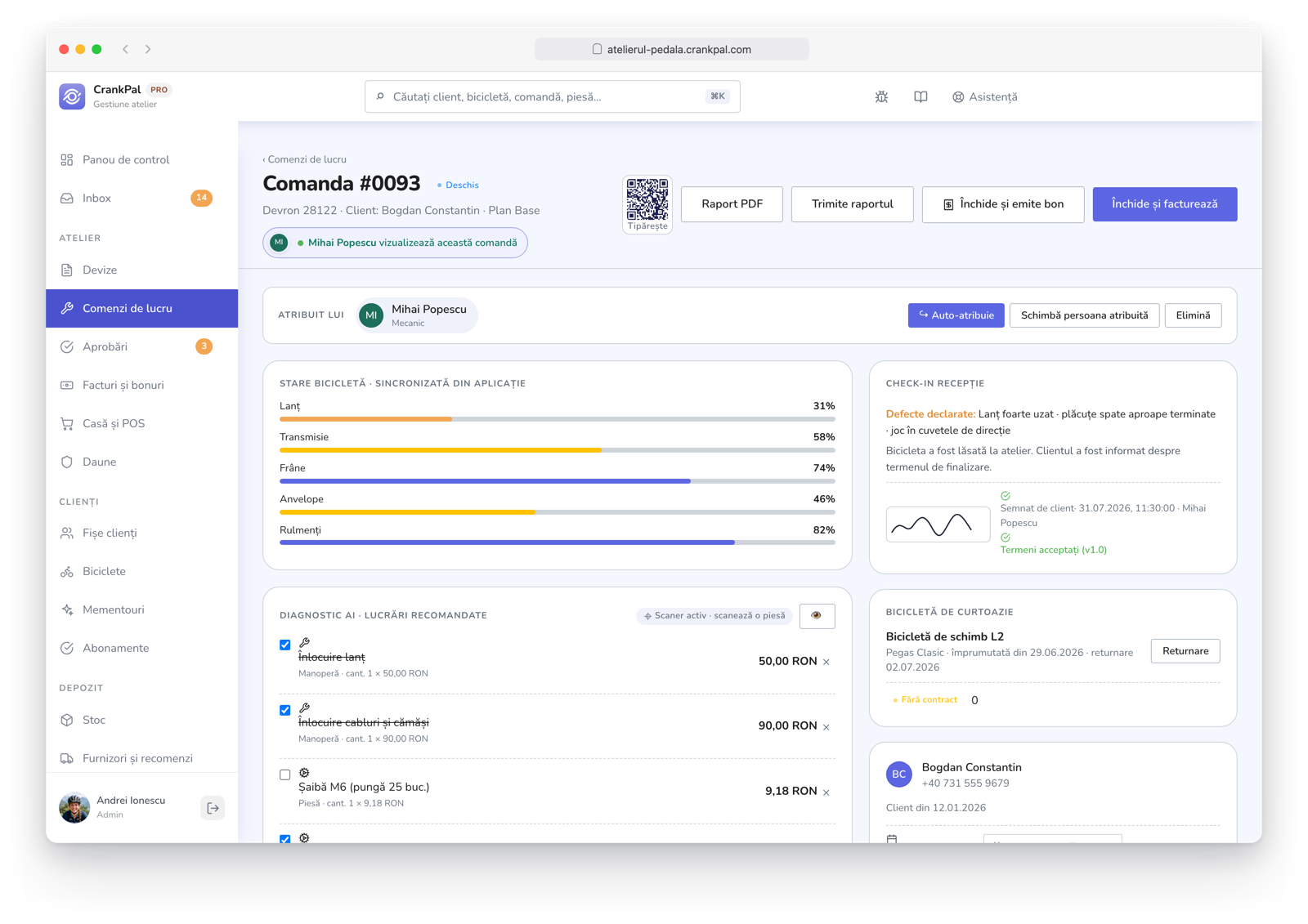 Ordine di lavoro CrankPal con previsione di servizio AI e interventi consigliati, check-in di accettazione con foto e firma, indicatore di presenza live di un collega e chat diretta tra meccanici.