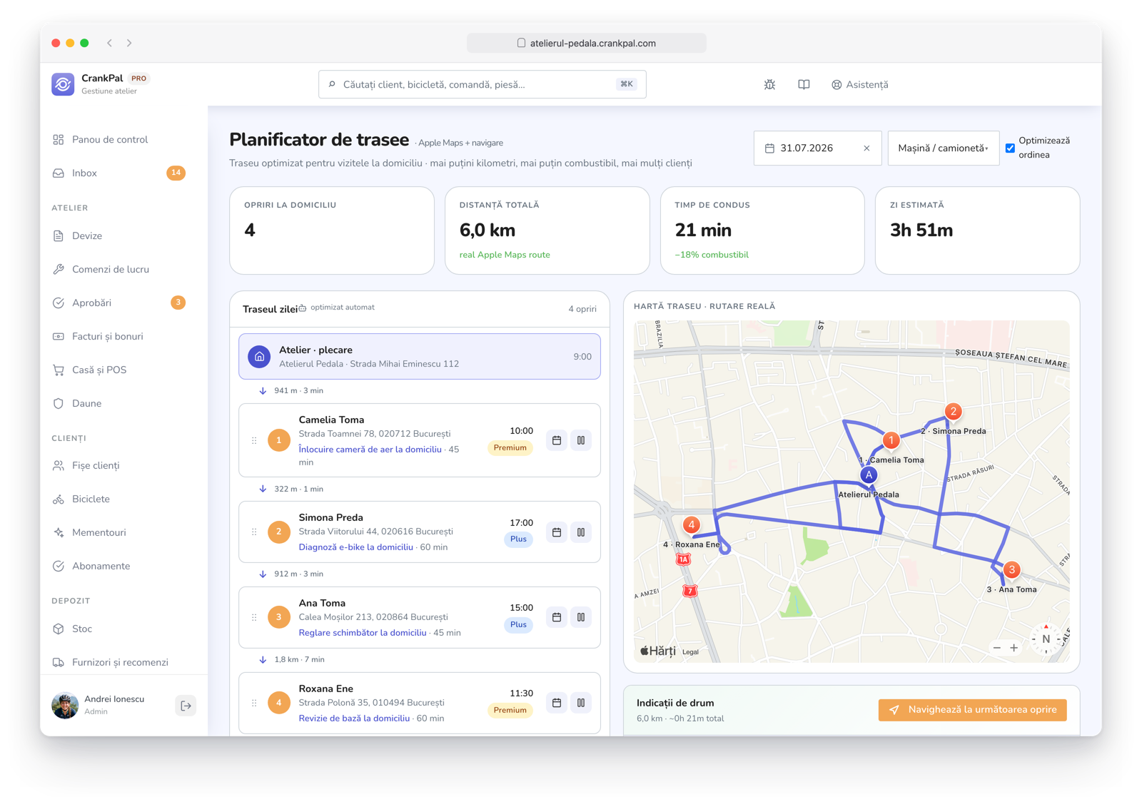Route Planner di CrankPal: percorso a domicilio ottimizzato su mappa con tappe ordinate, distanza totale, tempo di guida e durata stimata della giornata.