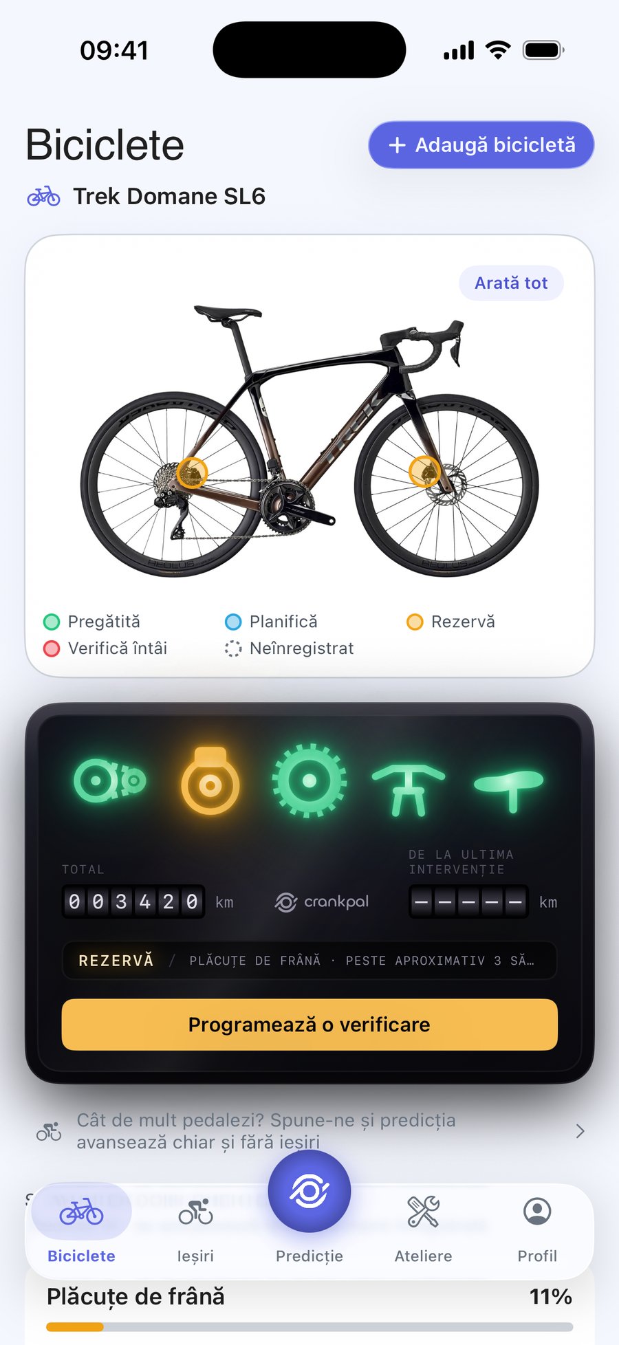 Aplicația CrankPal: starea bicicletei și prognoza de uzură a lanțului, cu rezervarea service-ului