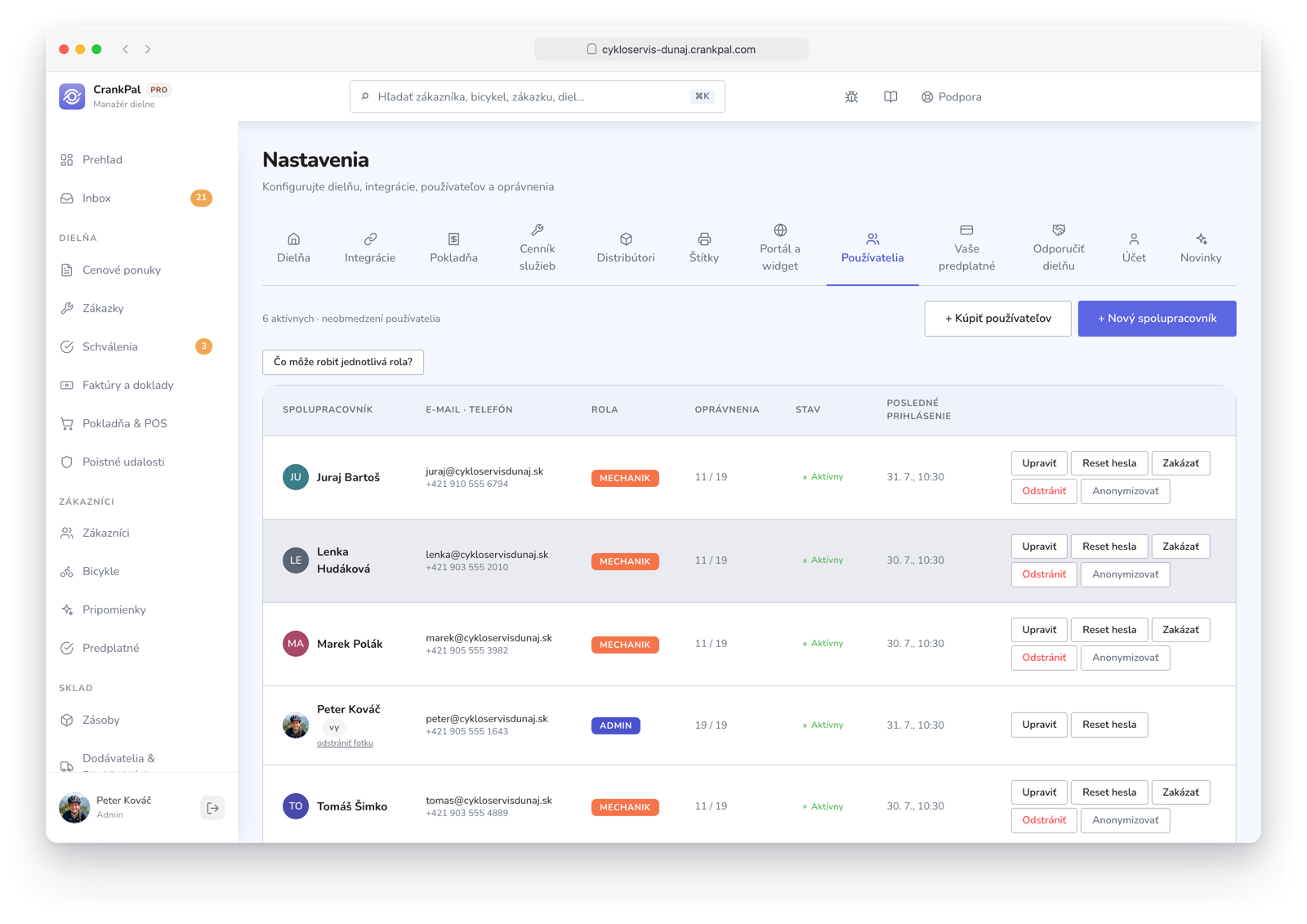 Impostazioni del gestionale CrankPal, scheda Utenti: elenco dei collaboratori con ruolo (admin, manager, meccanico), permessi per sezione, stato, ultimo accesso e azioni di modifica, reset password e disabilitazione.