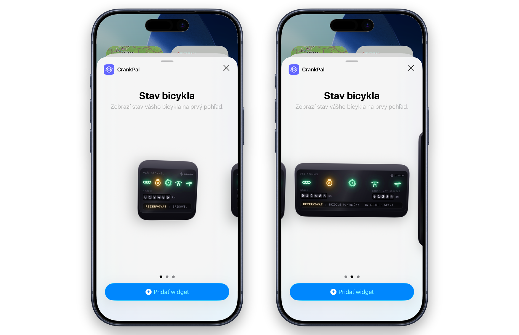 Galéria widgetov iOS s widgetom CrankPal v dvoch veľkostiach, v jazyku zákazníka: kontrolky komponentov, počet najazdených kilometrov a výzva na rezerváciu kontroly