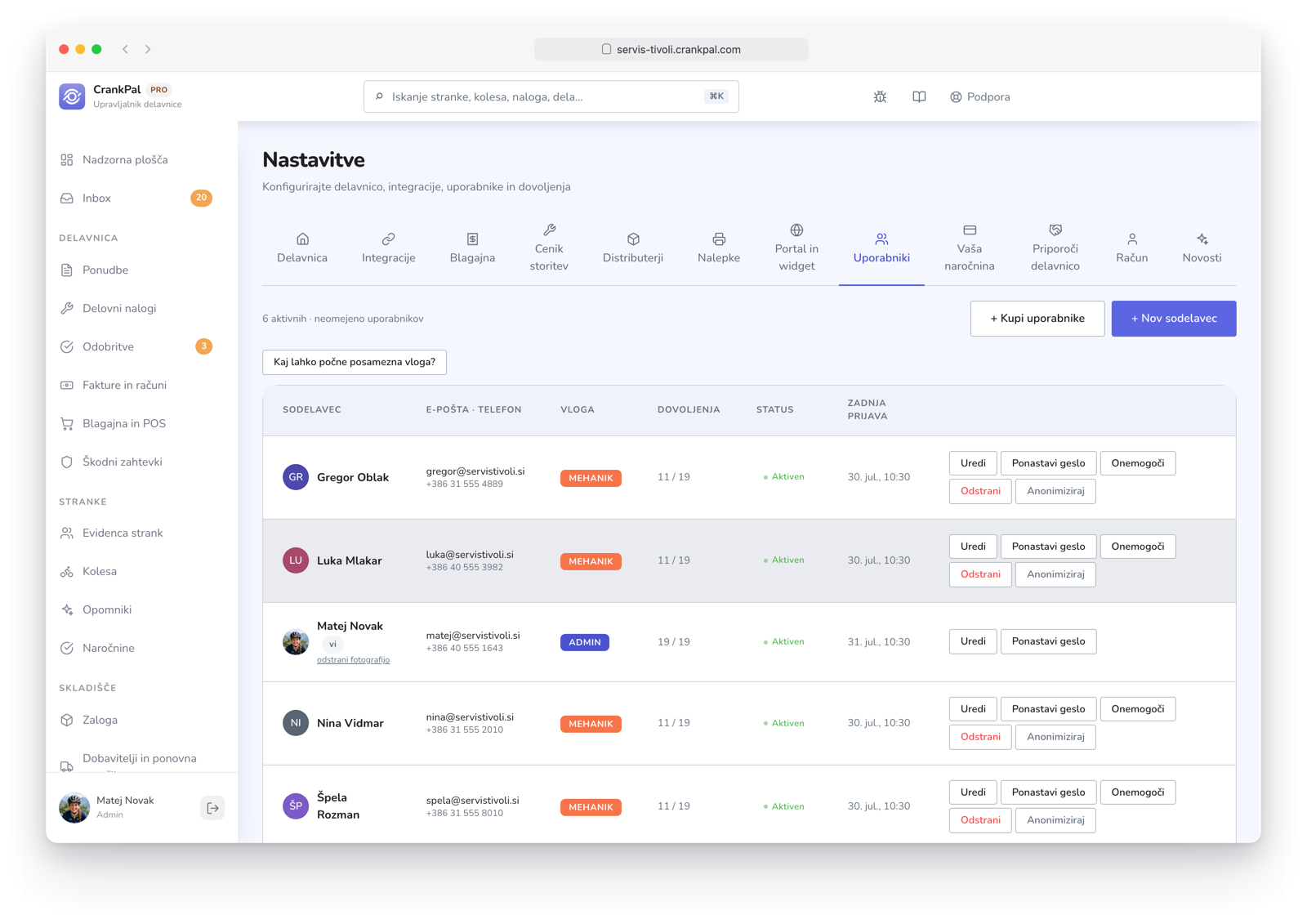Impostazioni del gestionale CrankPal, scheda Utenti: elenco dei collaboratori con ruolo (admin, manager, meccanico), permessi per sezione, stato, ultimo accesso e azioni di modifica, reset password e disabilitazione.