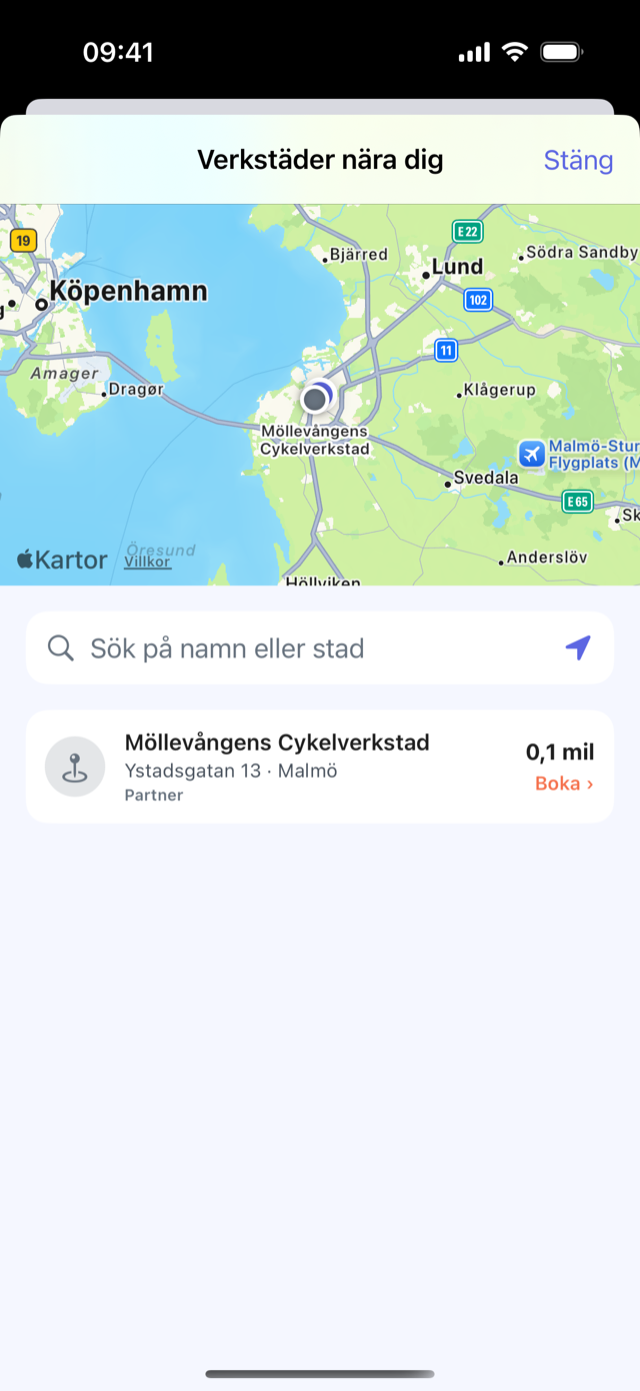 CrankPal-appen: kartan över verkstäder i närheten, med verkstadens kort, avståndet och knappen för att boka