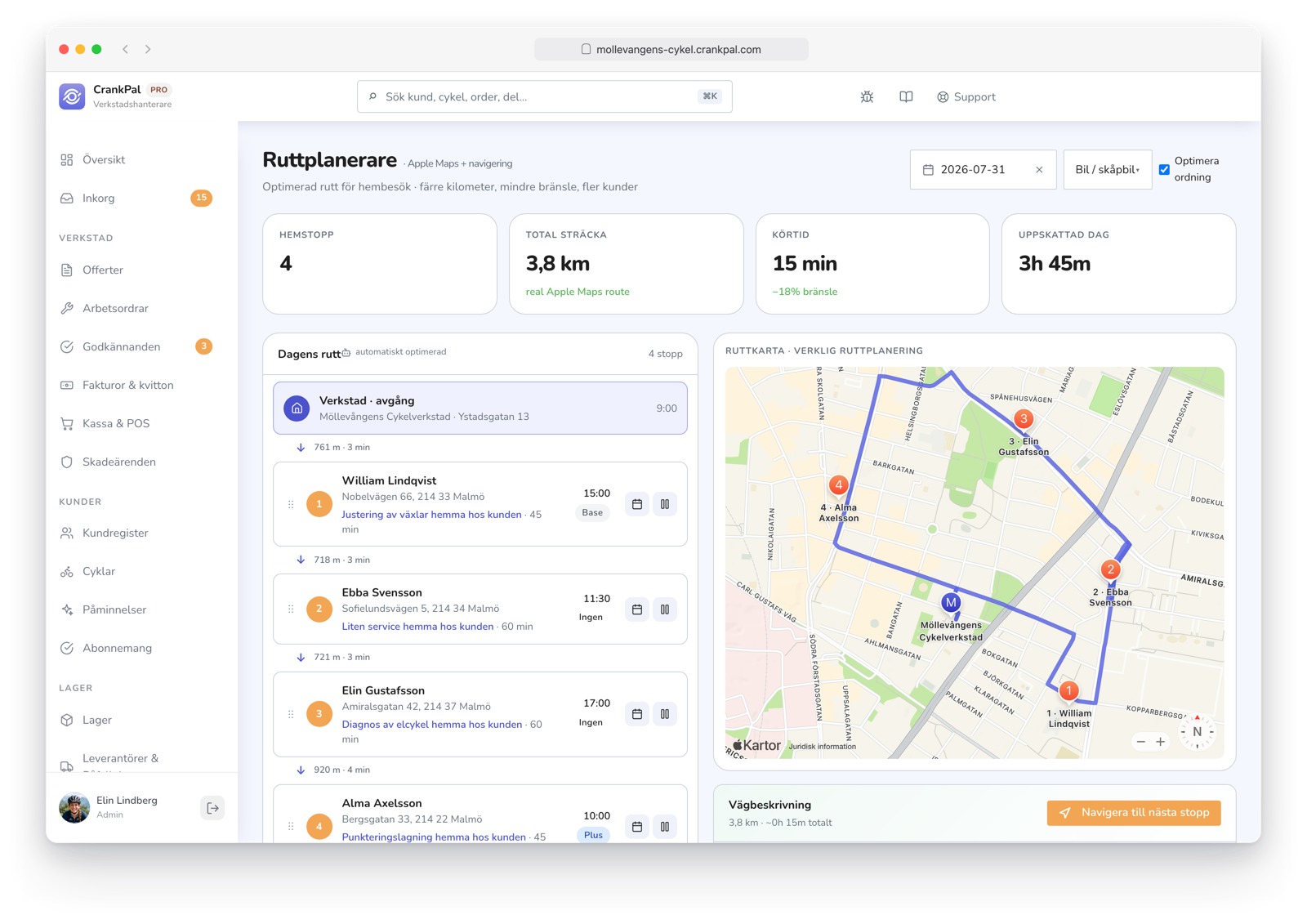 Route Planner di CrankPal: percorso a domicilio ottimizzato su mappa con tappe ordinate, distanza totale, tempo di guida e durata stimata della giornata.