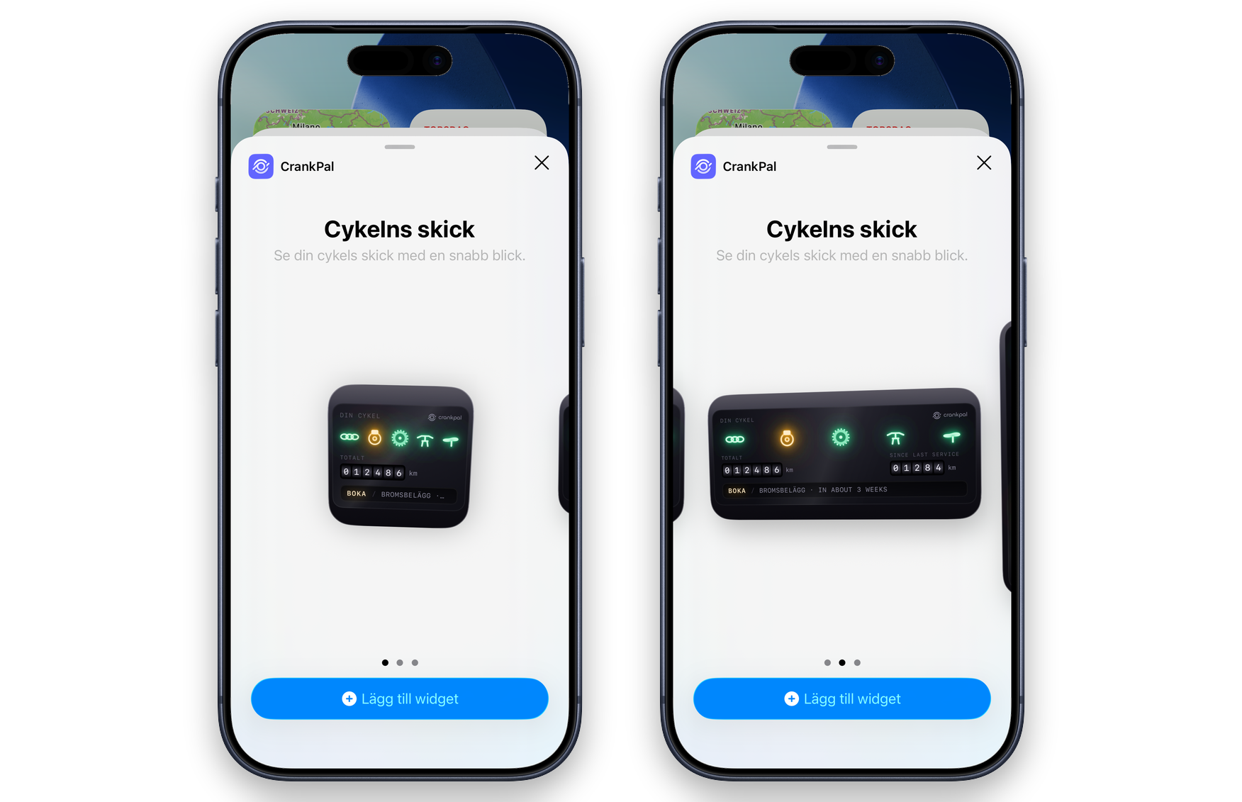 iOS widgetgalleri med CrankPal-widgeten i två storlekar, på kundens språk: komponentlampor, distansmätaren och uppmaningen att boka en kontroll