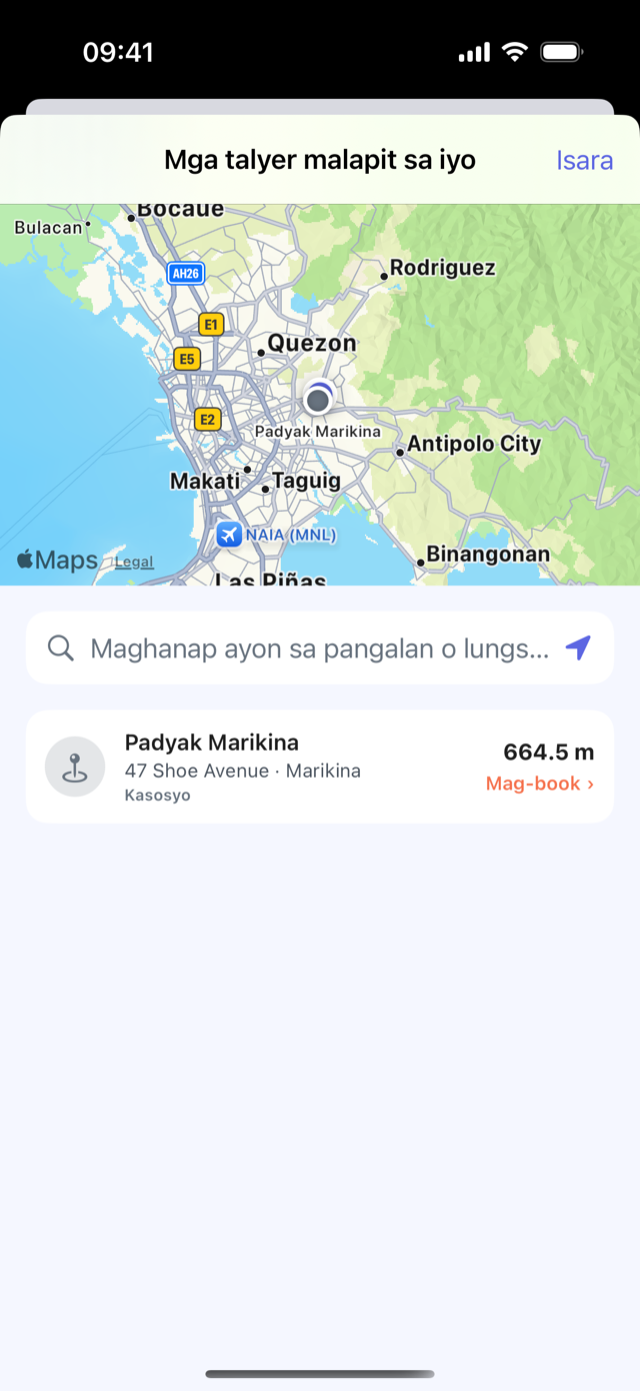 Ang CrankPal app: ang mapa ng mga talyer sa malapit, may card ng talyer, ang layo at ang pindutan para mag-book