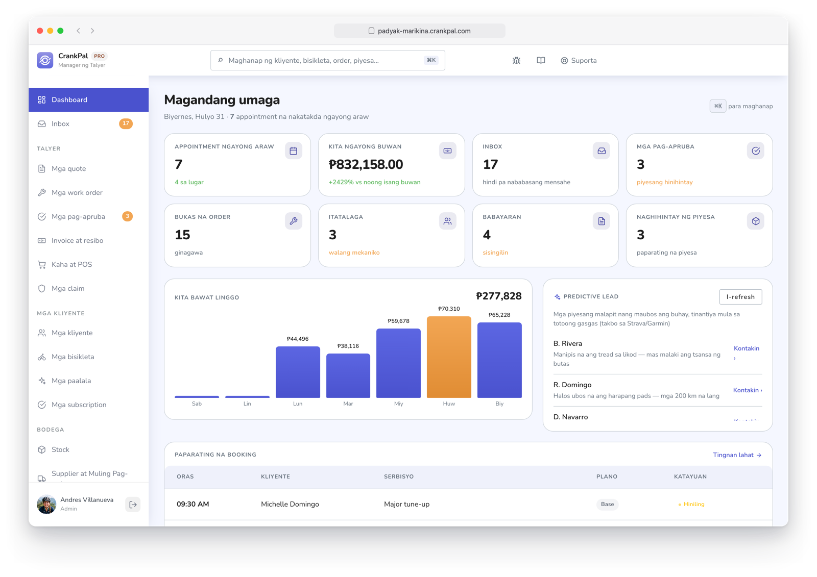 Dashboard del gestionale CrankPal: appuntamenti del giorno, ricavi del mese, ordini aperti, incassi da fare, grafico ricavi settimanali e lead predittivi dell'AI.