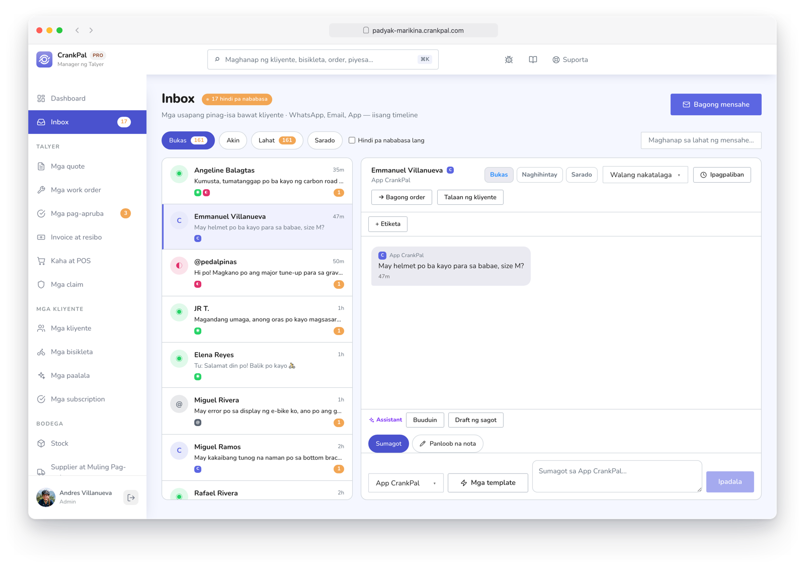 Master Inbox di CrankPal con i messaggi dei clienti da WhatsApp, Email, Facebook, Instagram e app CrankPal in un'unica casella, con la conversazione aperta e il pulsante per aprire la scheda cliente.