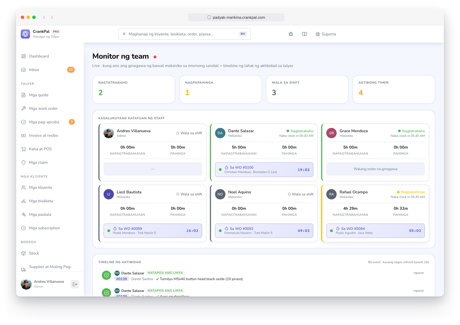 Monitor team di CrankPal in tempo reale: collaboratori al lavoro, in pausa o fuori turno, timer attivi sugli ordini e timeline live dell'attività dell'officina.