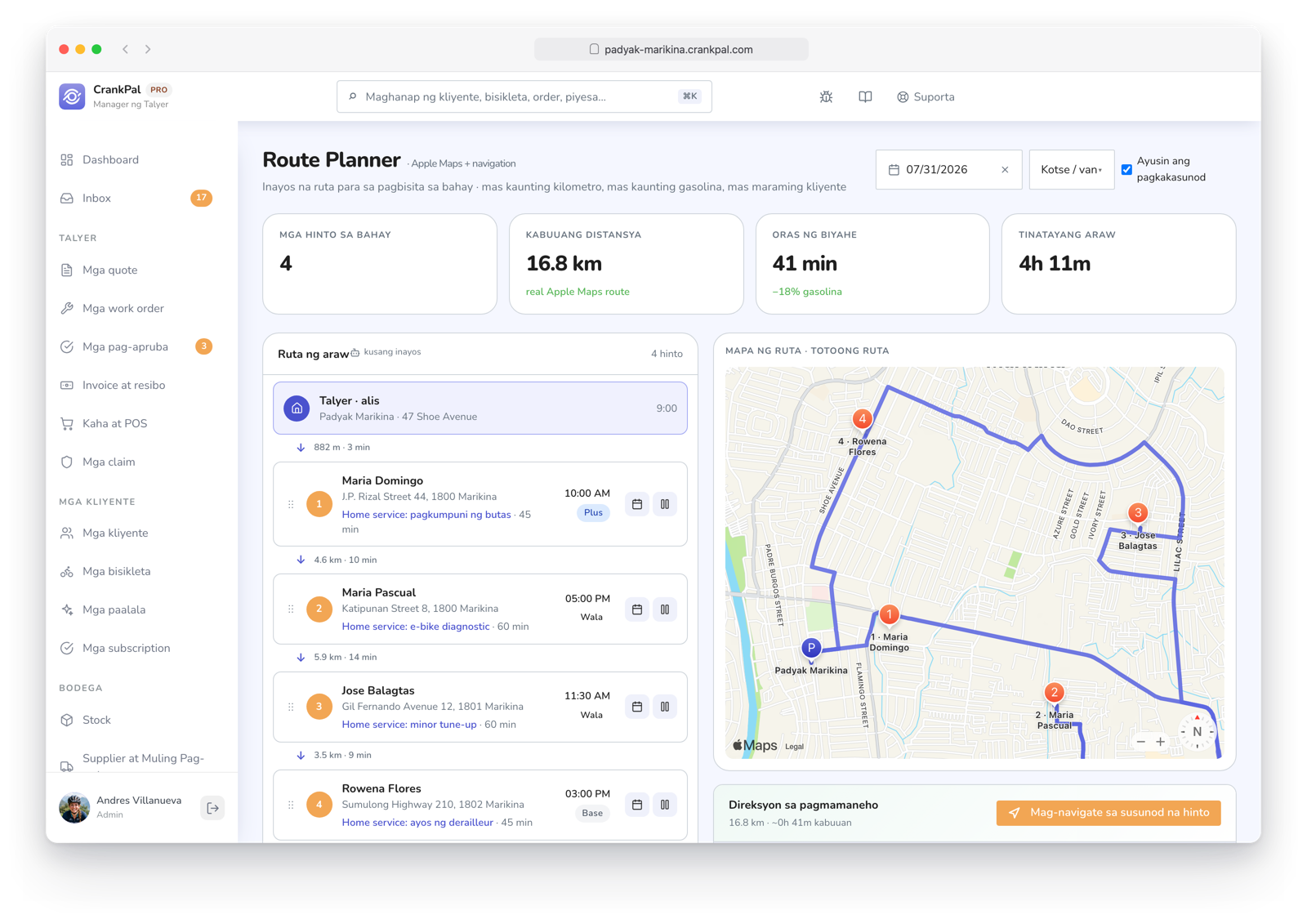 Route Planner di CrankPal: percorso a domicilio ottimizzato su mappa con tappe ordinate, distanza totale, tempo di guida e durata stimata della giornata.