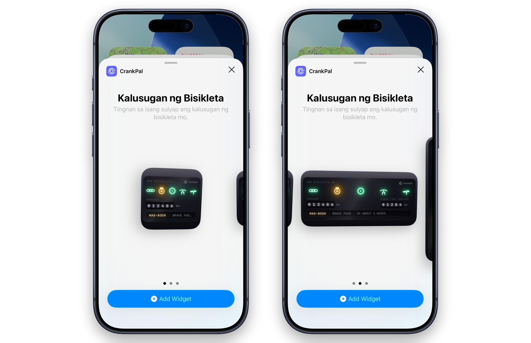 Ang widget gallery ng iOS na may CrankPal widget sa dalawang sukat: ang mga ilaw ng bawat grupo ng piyesa, ang kabuuang layo, at ang paanyaya na mag-book ng check-up