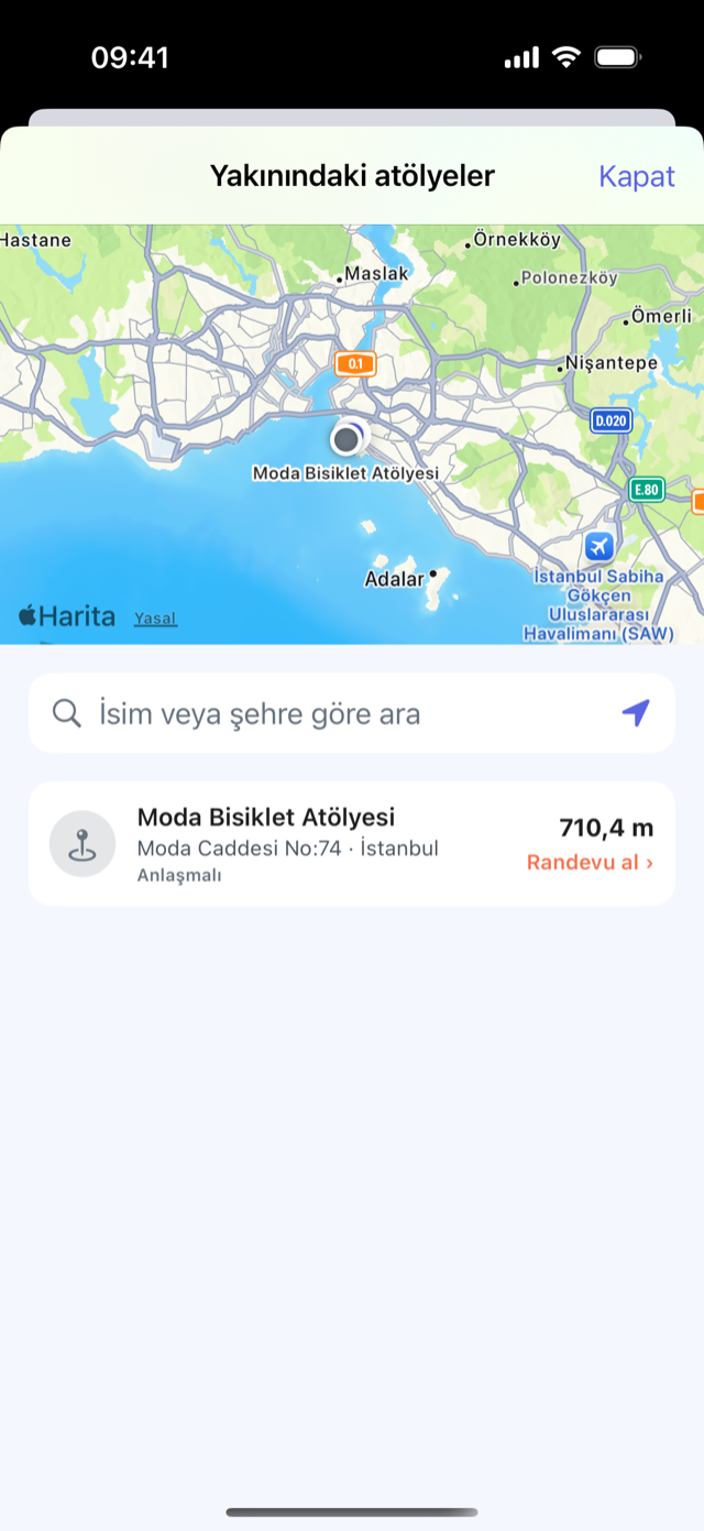 CrankPal uygulaması: yakındaki atölyelerin haritası, atölye kartı, mesafe ve randevu düğmesi