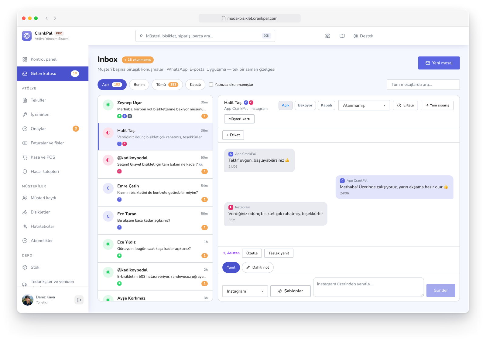Master Inbox di CrankPal con i messaggi dei clienti da WhatsApp, Email, Facebook, Instagram e app CrankPal in un'unica casella, con la conversazione aperta e il pulsante per aprire la scheda cliente.